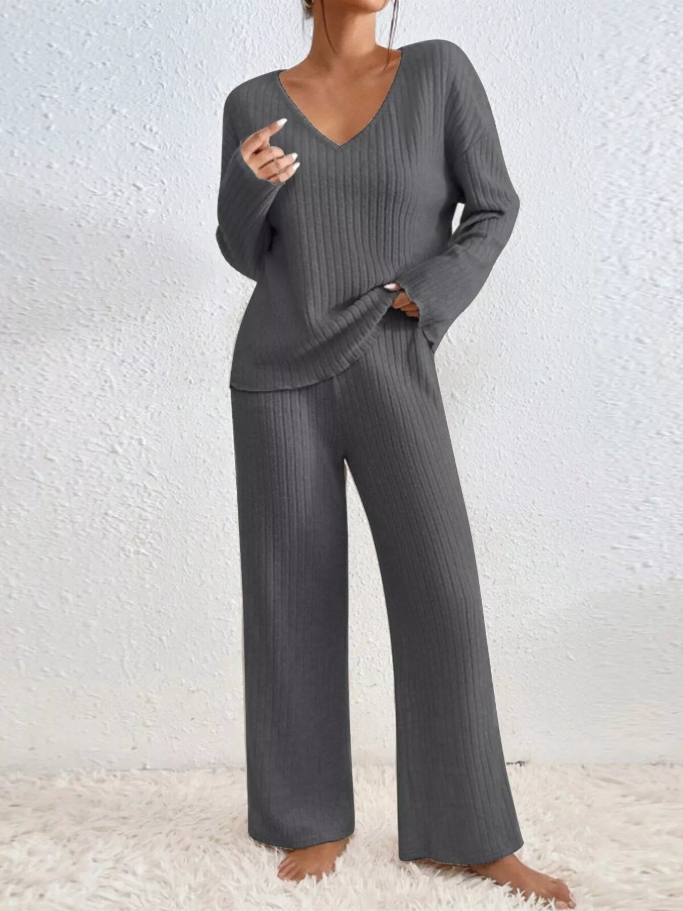 Ribbed V - Neck Top and Pants Set - MAD RUFFI