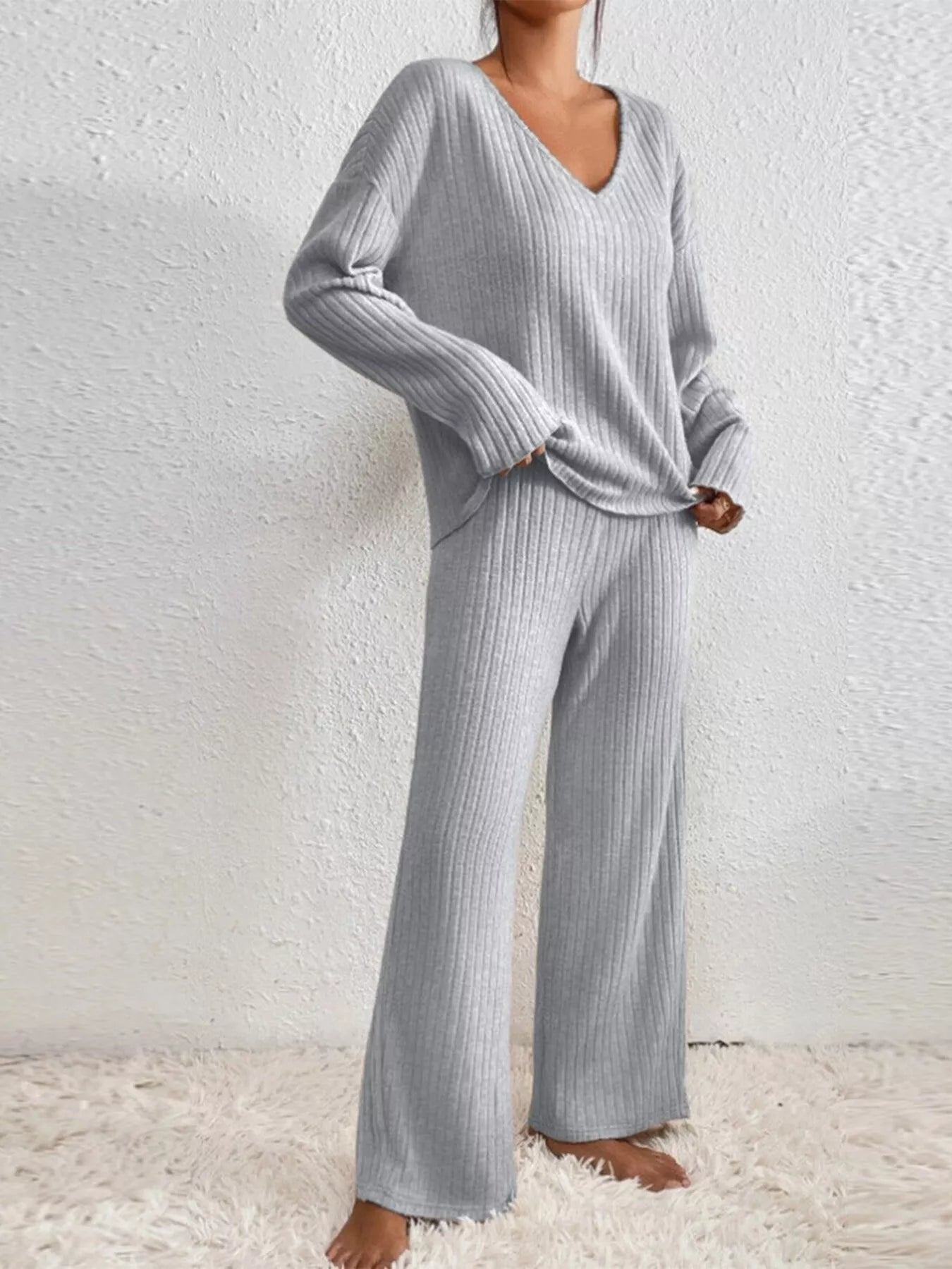 Ribbed V - Neck Top and Pants Set - MAD RUFFI