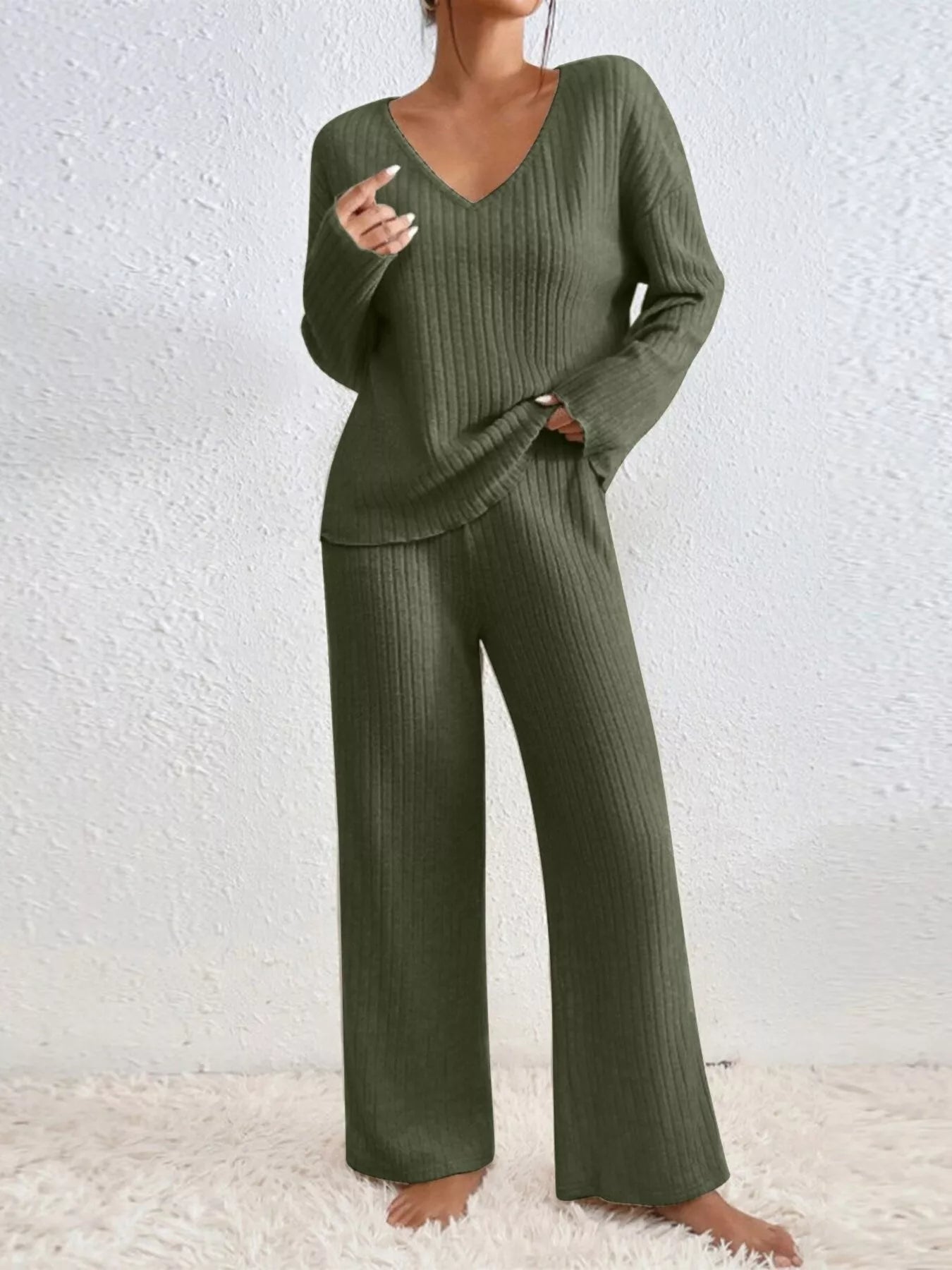 Ribbed V - Neck Top and Pants Set - MAD RUFFI