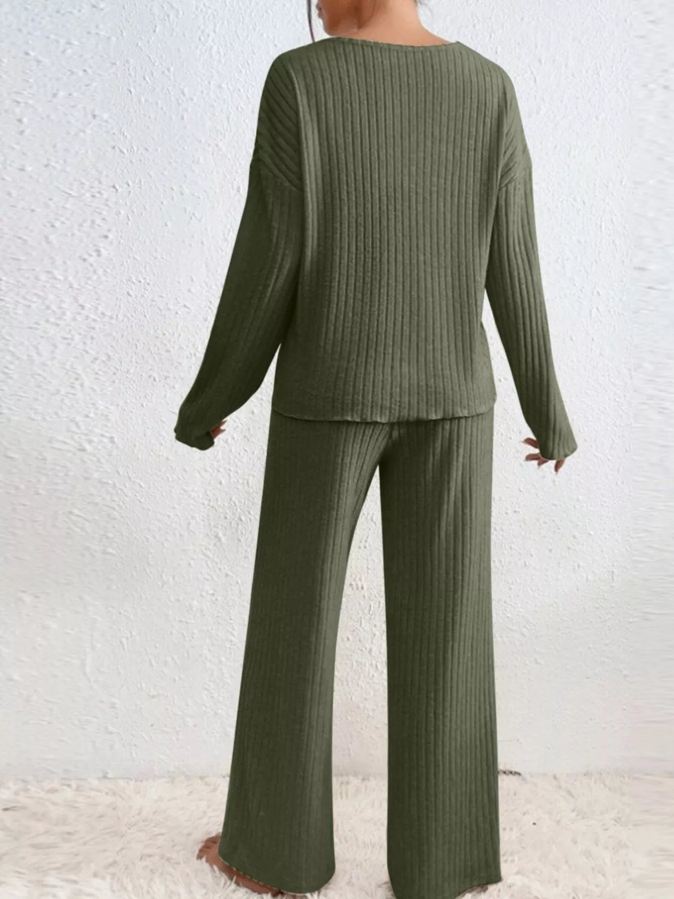 Ribbed V - Neck Top and Pants Set - MAD RUFFI