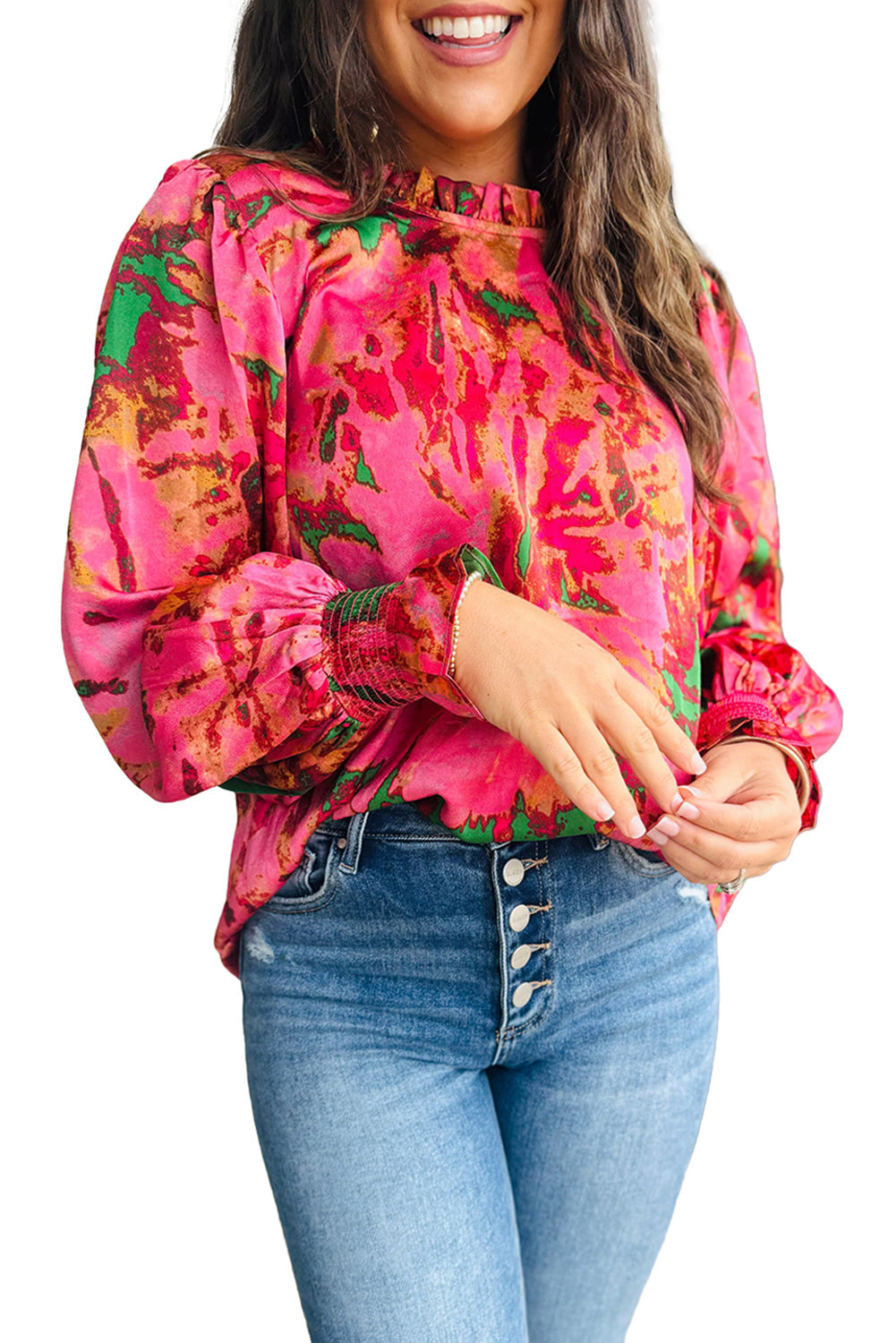 Rose Abstract Print Frill Neckline Smocked Puff Sleeve Blouse - MAD RUFFI