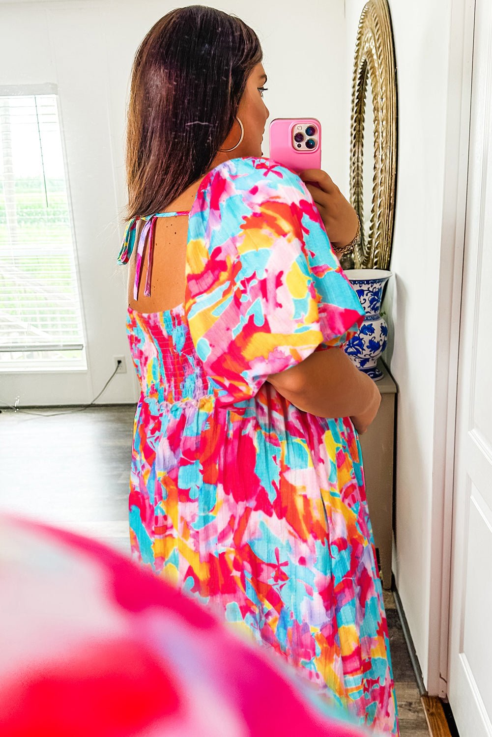 Rose Abstract Print Puff Sleeve Backless Smocked Plus Size Dress - MAD RUFFI