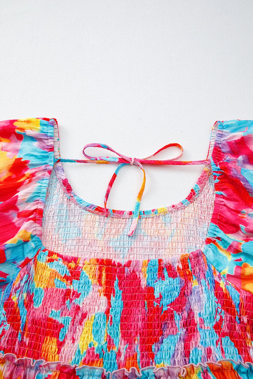 Rose Abstract Print Puff Sleeve Backless Smocked Plus Size Dress - MAD RUFFI