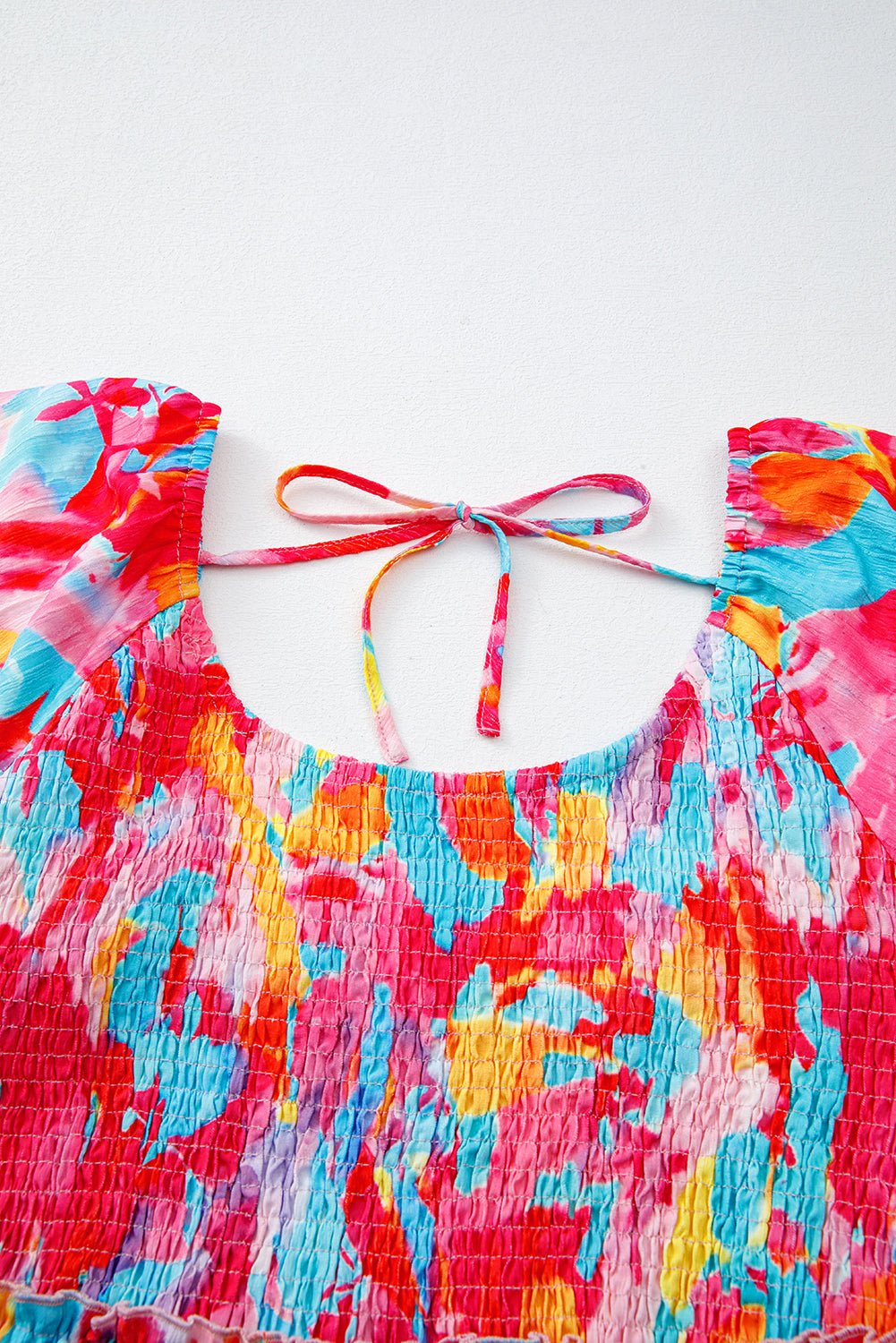 Rose Abstract Print Puff Sleeve Backless Smocked Plus Size Dress - MAD RUFFI