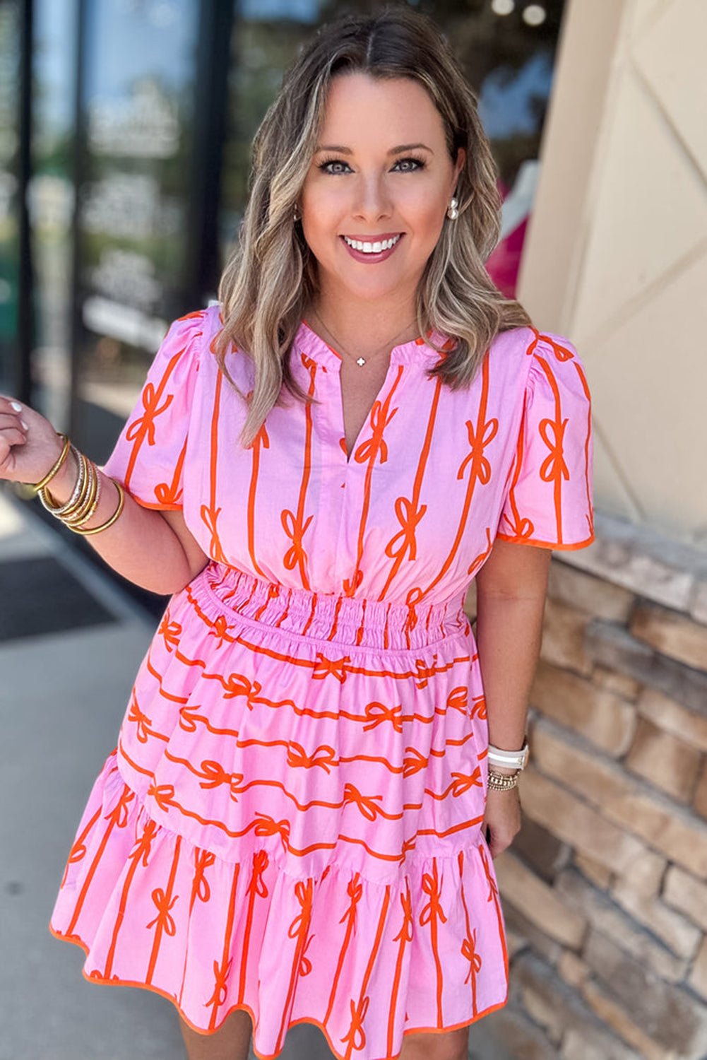 Rose Bow Clinched Waist Ruffled Plus Size Dress - MAD RUFFI