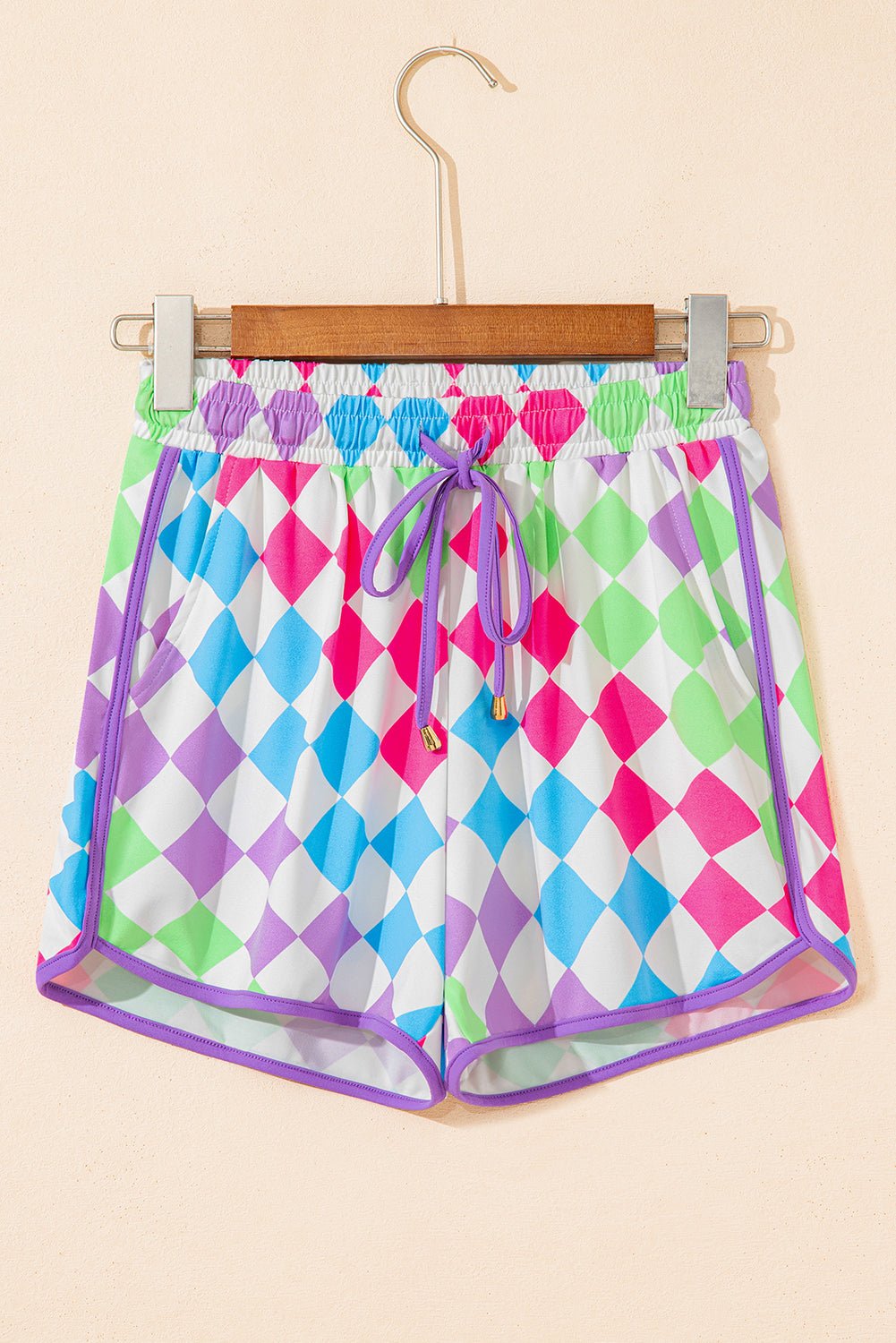 rose checkered drawstring elastic waist casual shorts - MAD RUFFI