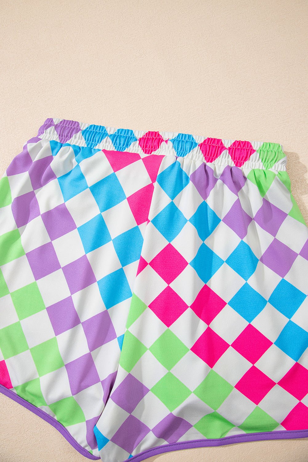 rose checkered drawstring elastic waist casual shorts - MAD RUFFI