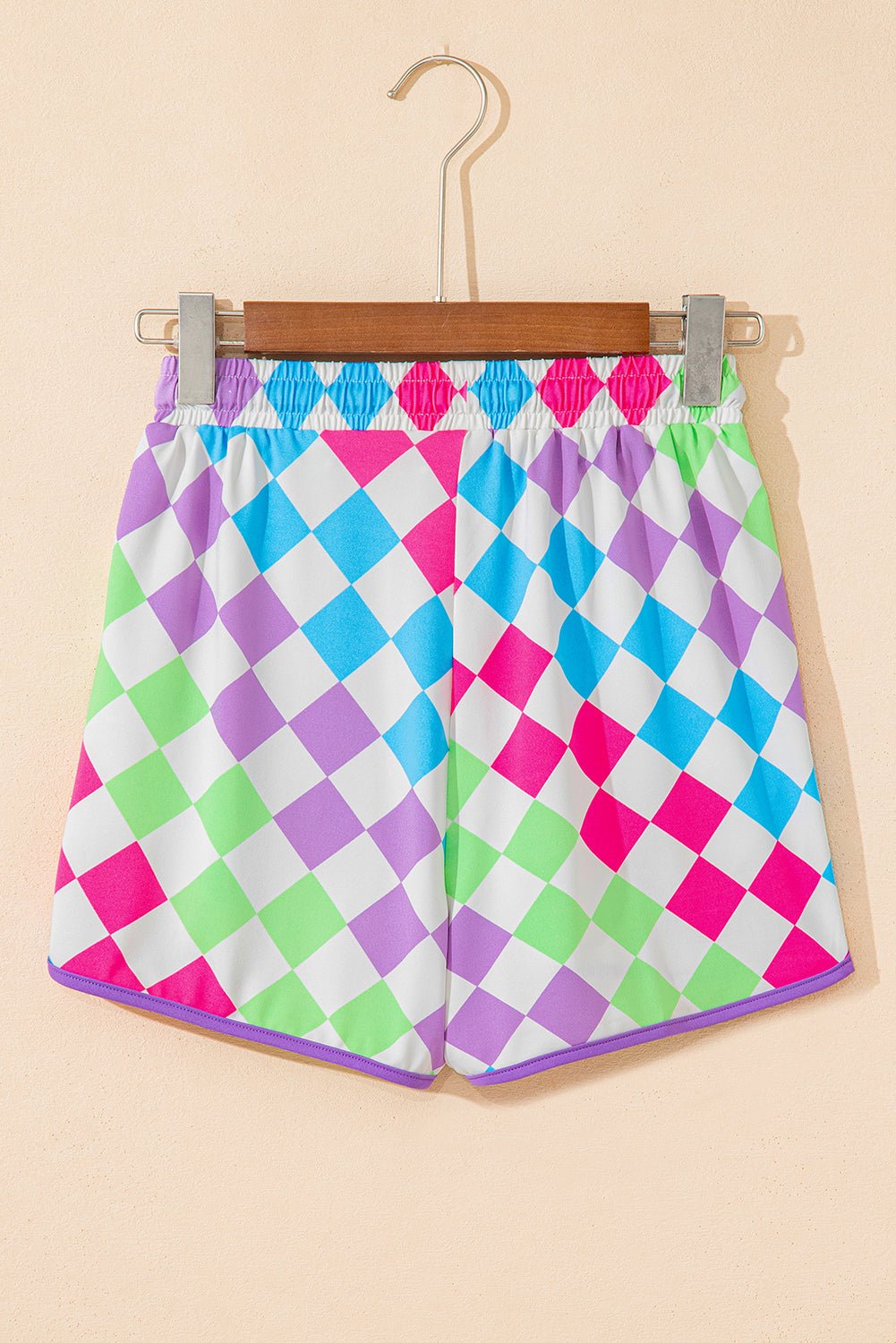 rose checkered drawstring elastic waist casual shorts - MAD RUFFI