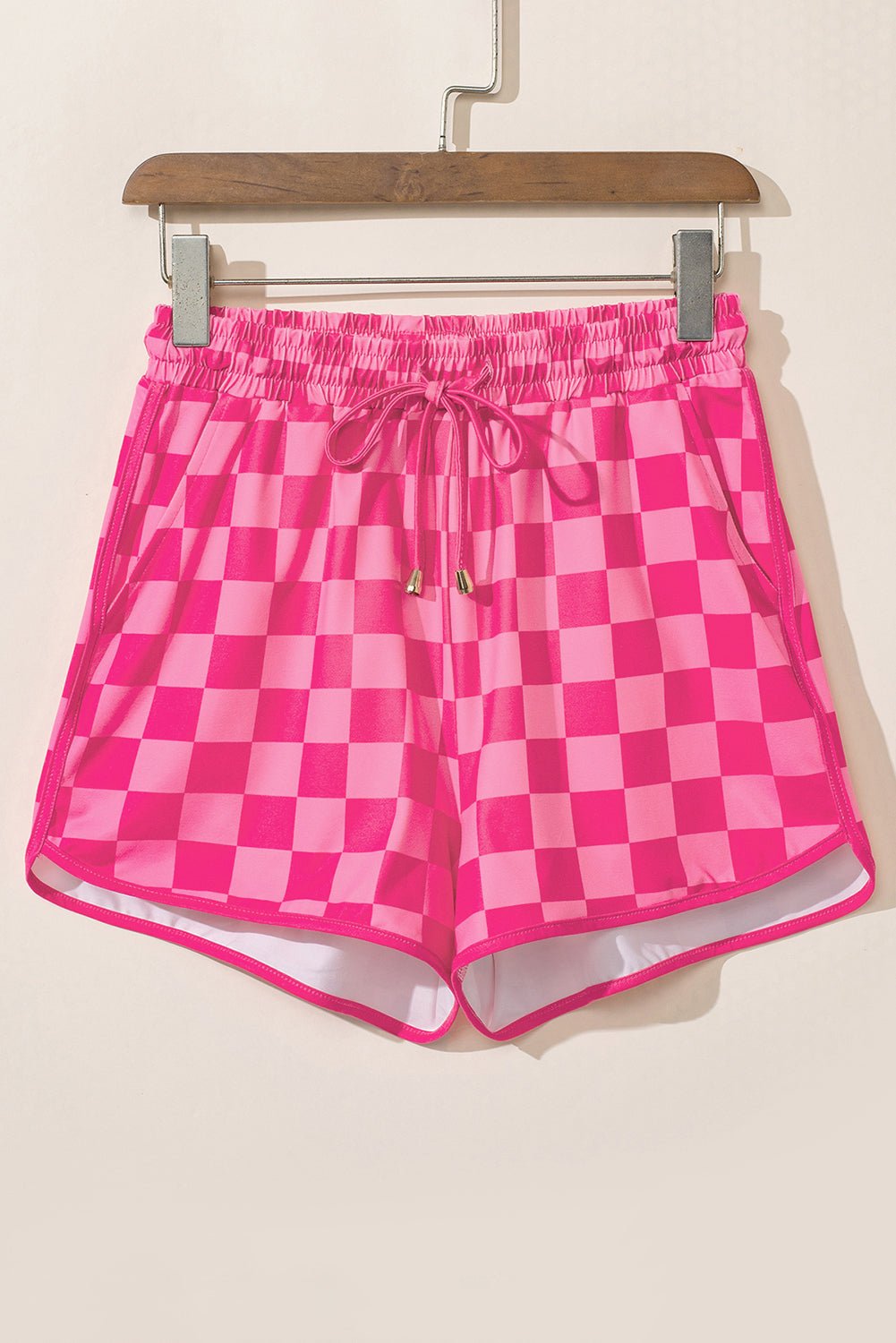 rose checkered drawstring elastic waist casual shorts - MAD RUFFI