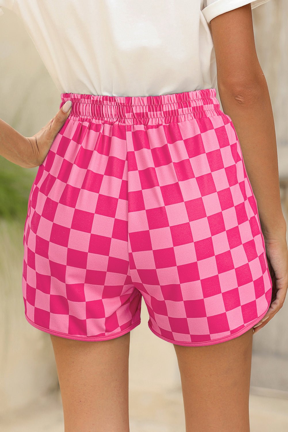 rose checkered drawstring elastic waist casual shorts - MAD RUFFI