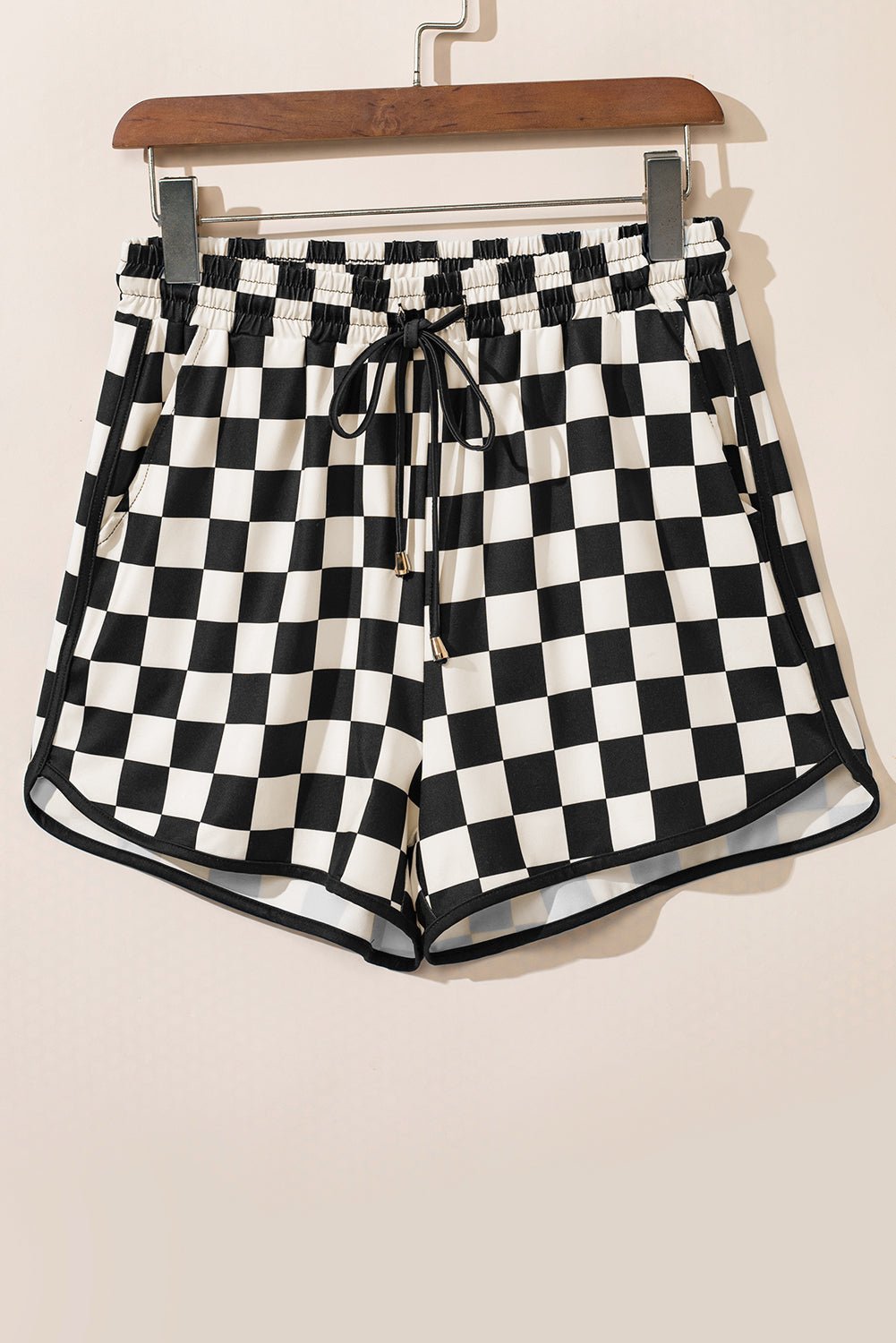 rose checkered drawstring elastic waist casual shorts - MAD RUFFI