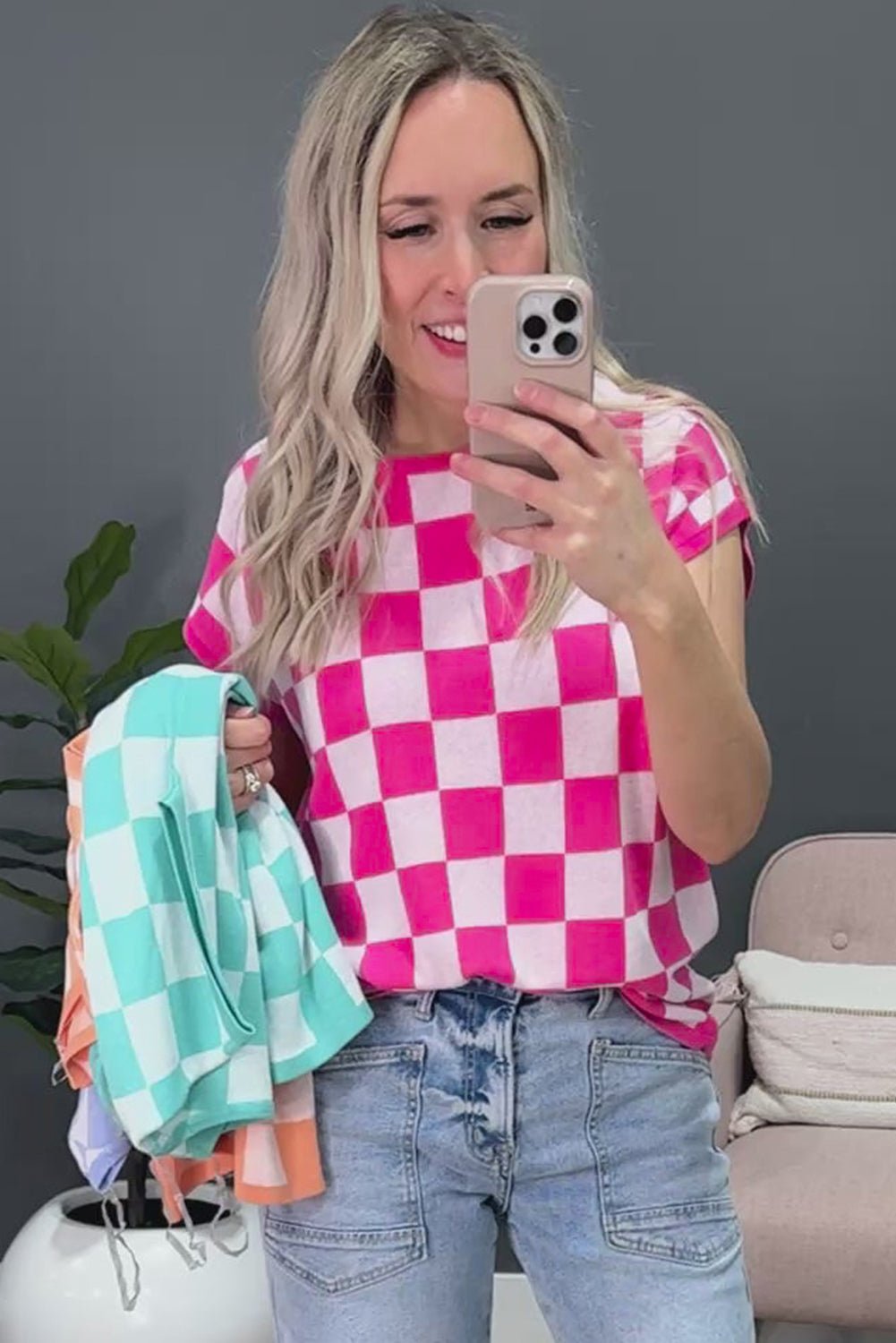 Rose Checkered Pattern Cap Sleeve Knitted Top - MAD RUFFI