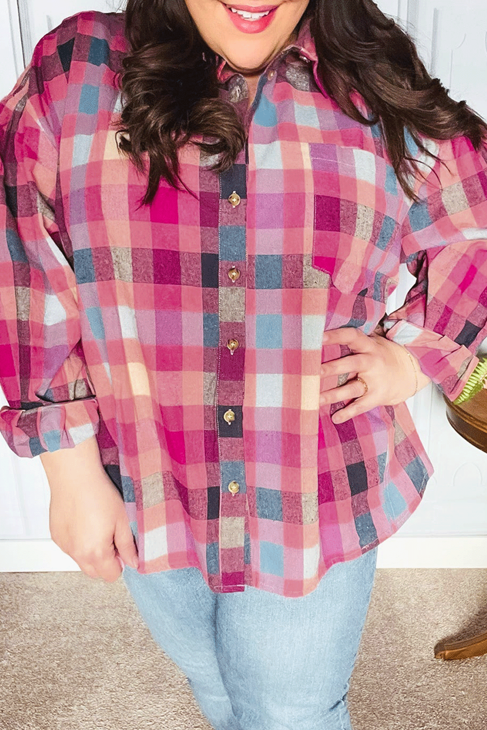 Rose Checkered Print Button-up Plus Size Shirt - Rose Stripe / 1X - Plus Size Tops