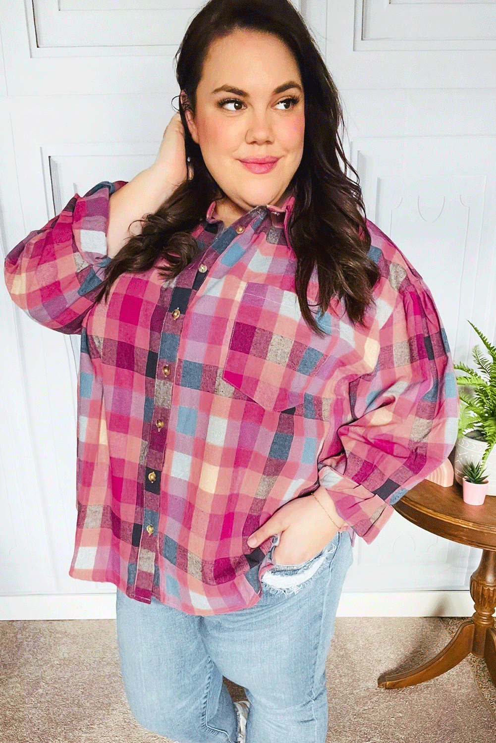 Rose Checkered Print Button-up Plus Size Shirt - Plus Size Tops