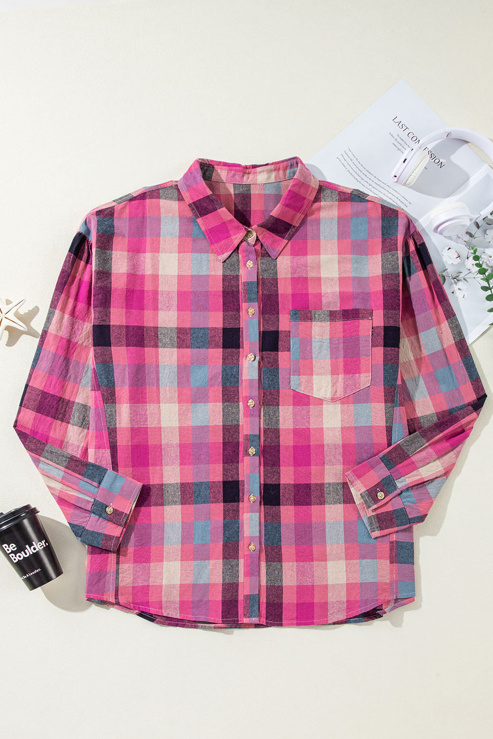 Rose Checkered Print Button-up Plus Size Shirt - Plus Size Tops