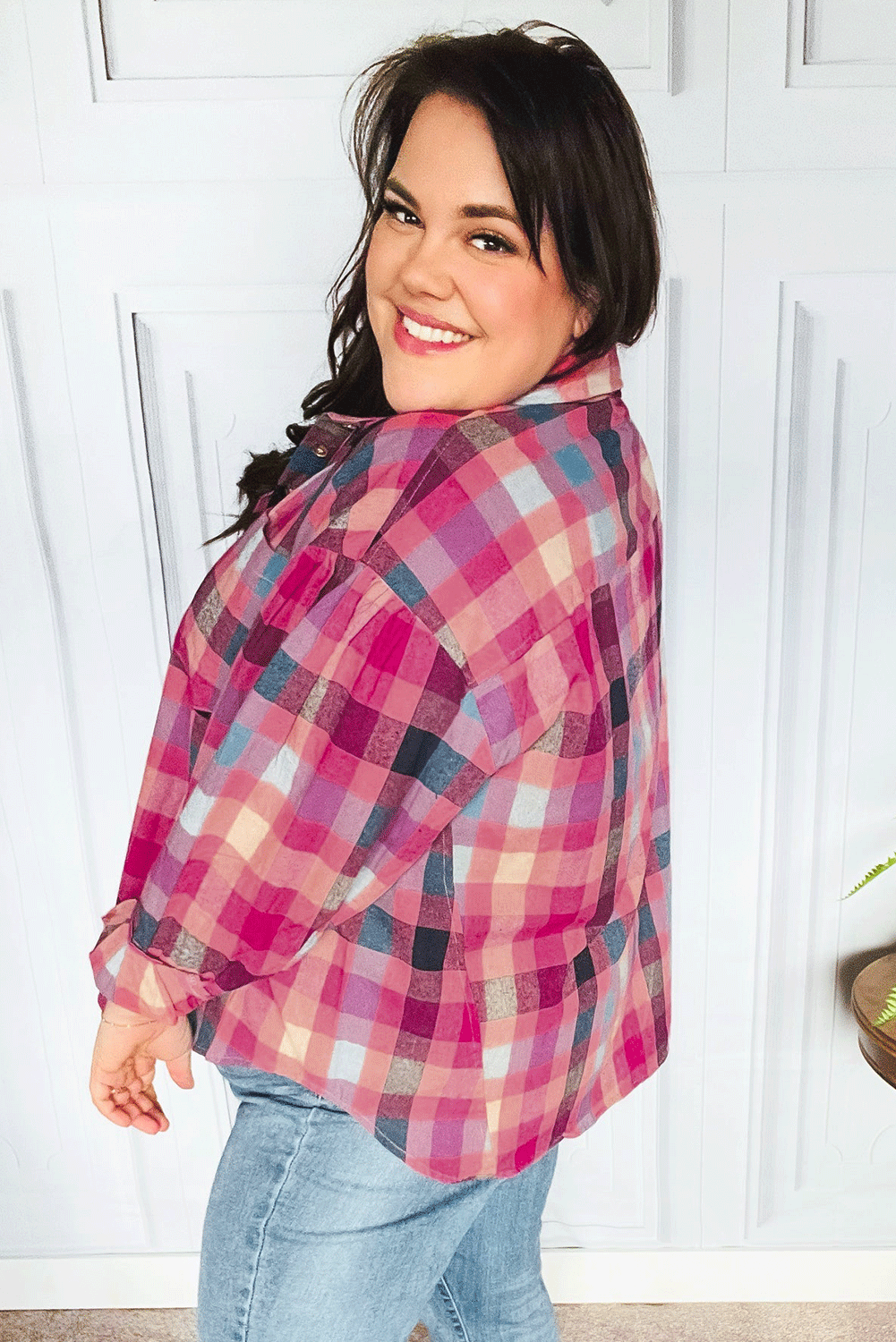 Rose Checkered Print Button-up Plus Size Shirt - Plus Size Tops