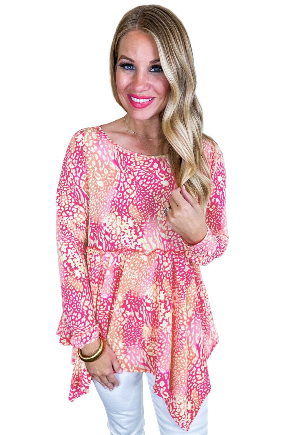 Rose Classic Leopard Print Handkerchief Hem Tunic Top - MAD RUFFI