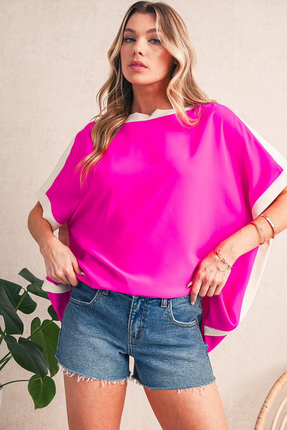 Rose Color Block Boat Neck Tunic Blouse - MAD RUFFI