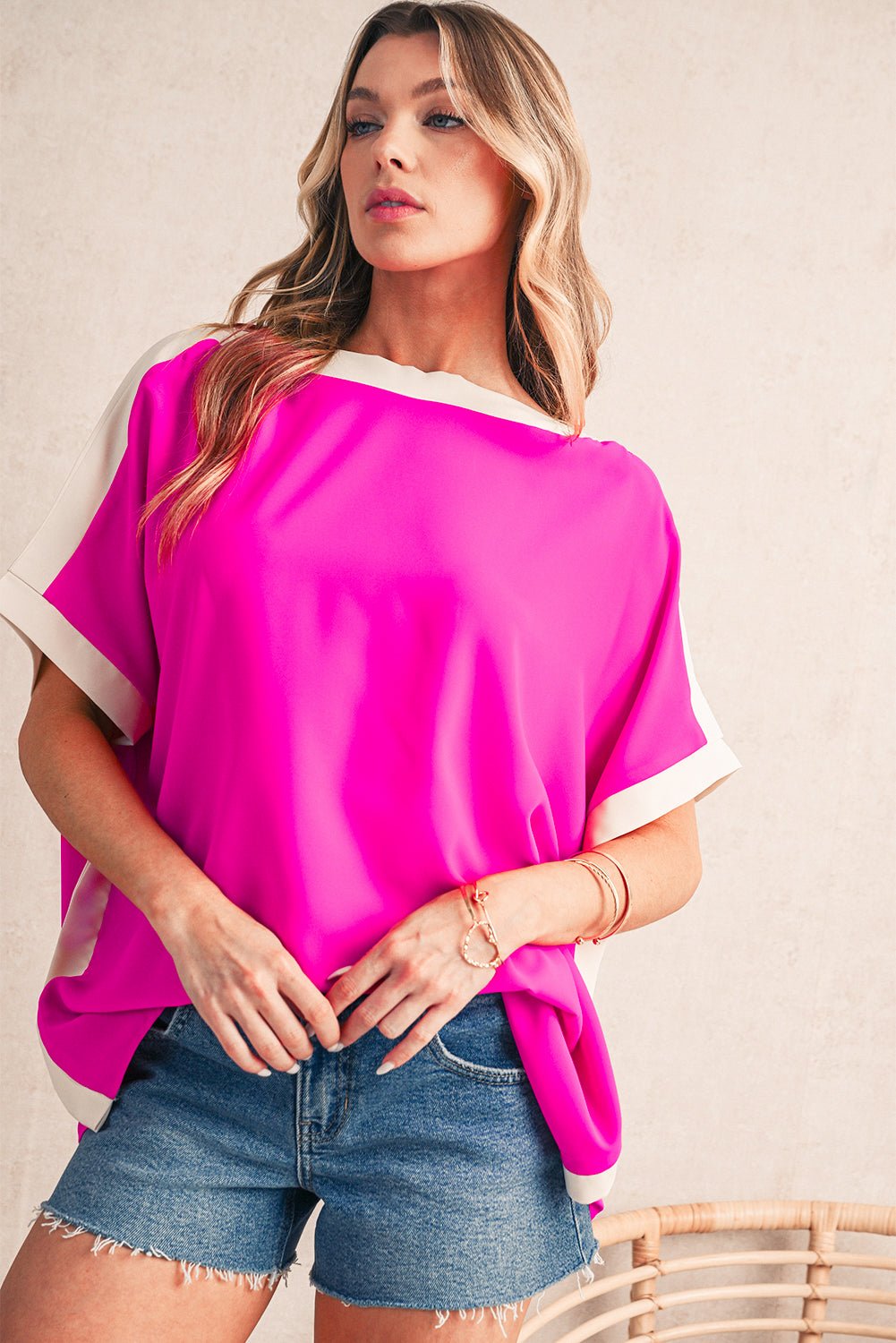 Rose Color Block Boat Neck Tunic Blouse - MAD RUFFI