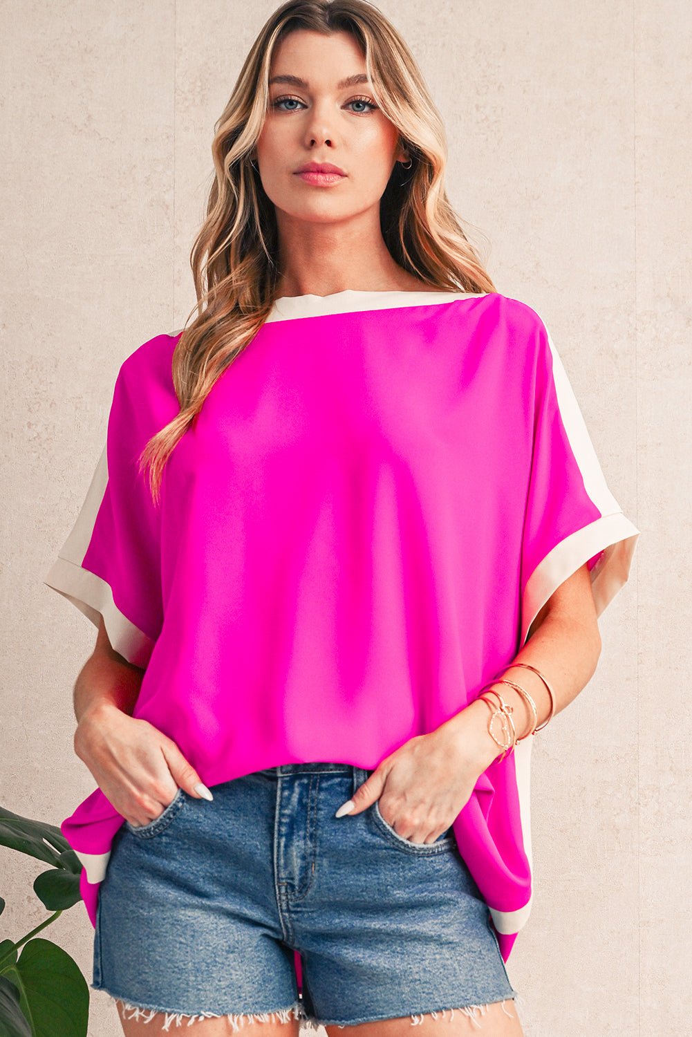 Rose Color Block Boat Neck Tunic Blouse - MAD RUFFI