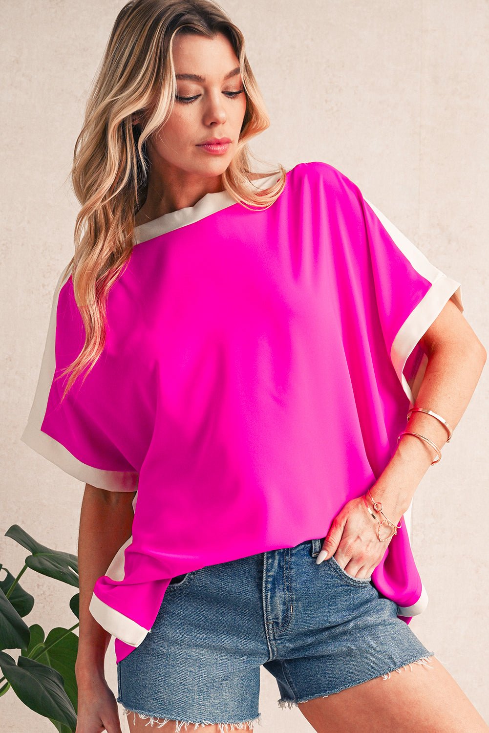 Rose Color Block Boat Neck Tunic Blouse - MAD RUFFI