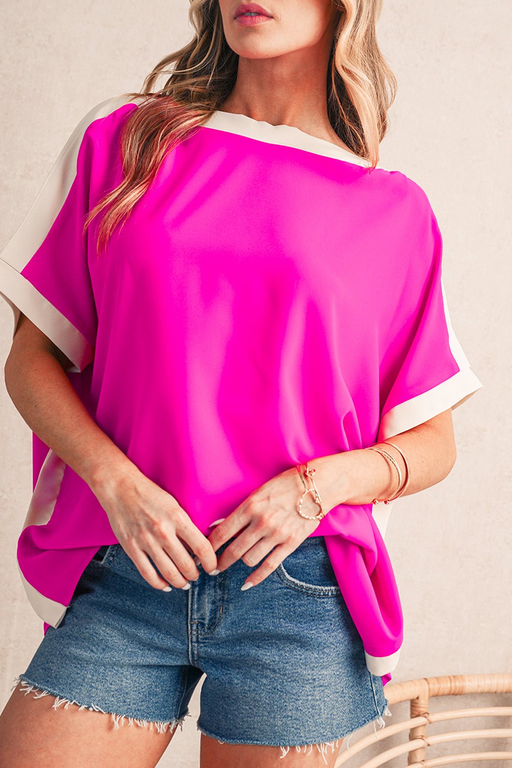 Rose Color Block Boat Neck Tunic Blouse - MAD RUFFI