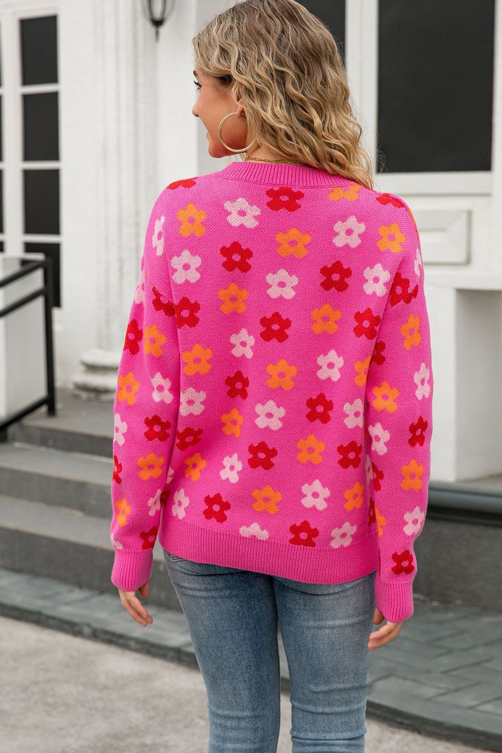 Rose Cute Flower Allover Ribbed Trimmed Drop Shoulder Pullover Sweater - MAD RUFFI