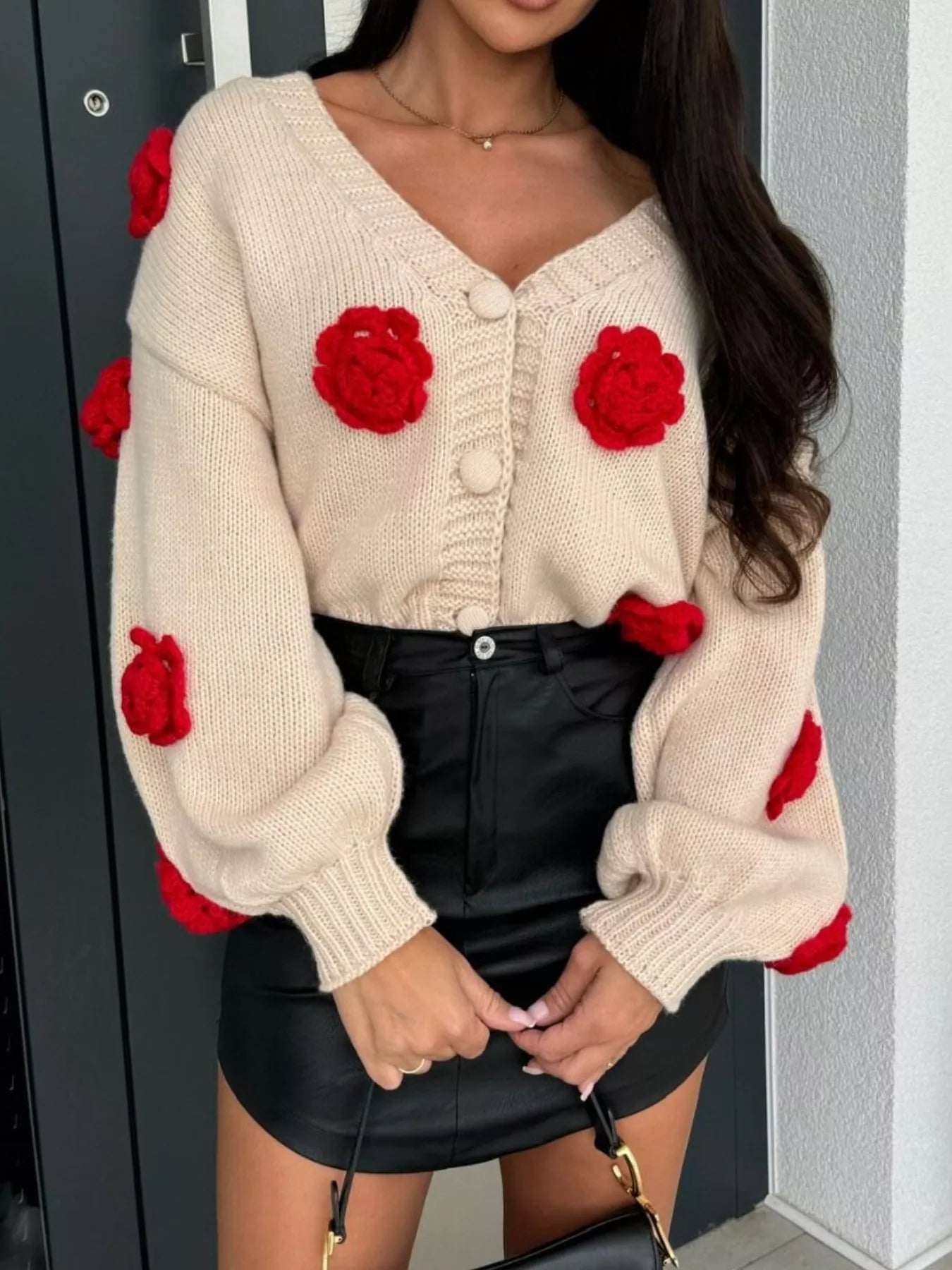 Rose Embellished V - Neck Cardigan - MAD RUFFI