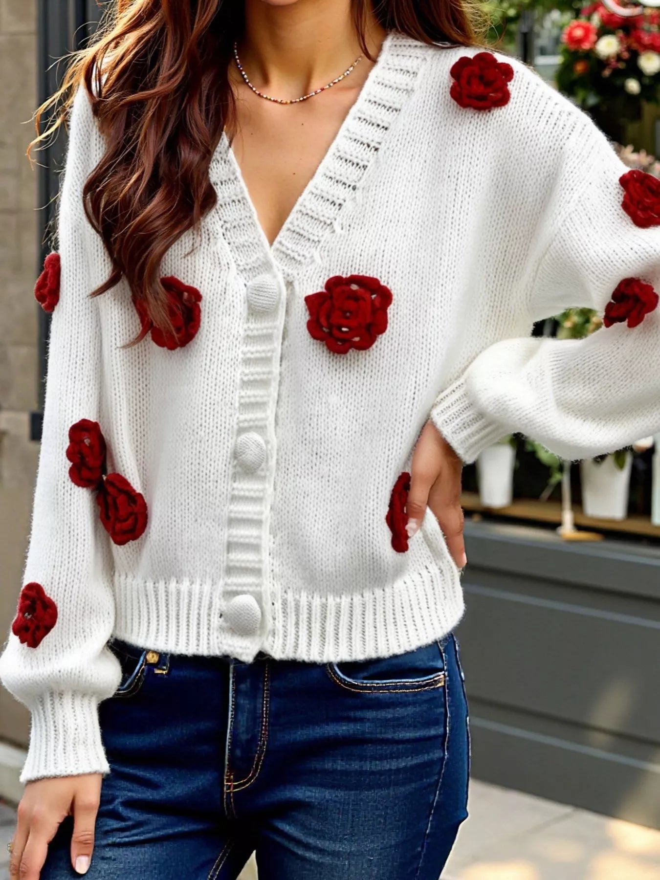 Rose Embellished V - Neck Cardigan - MAD RUFFI