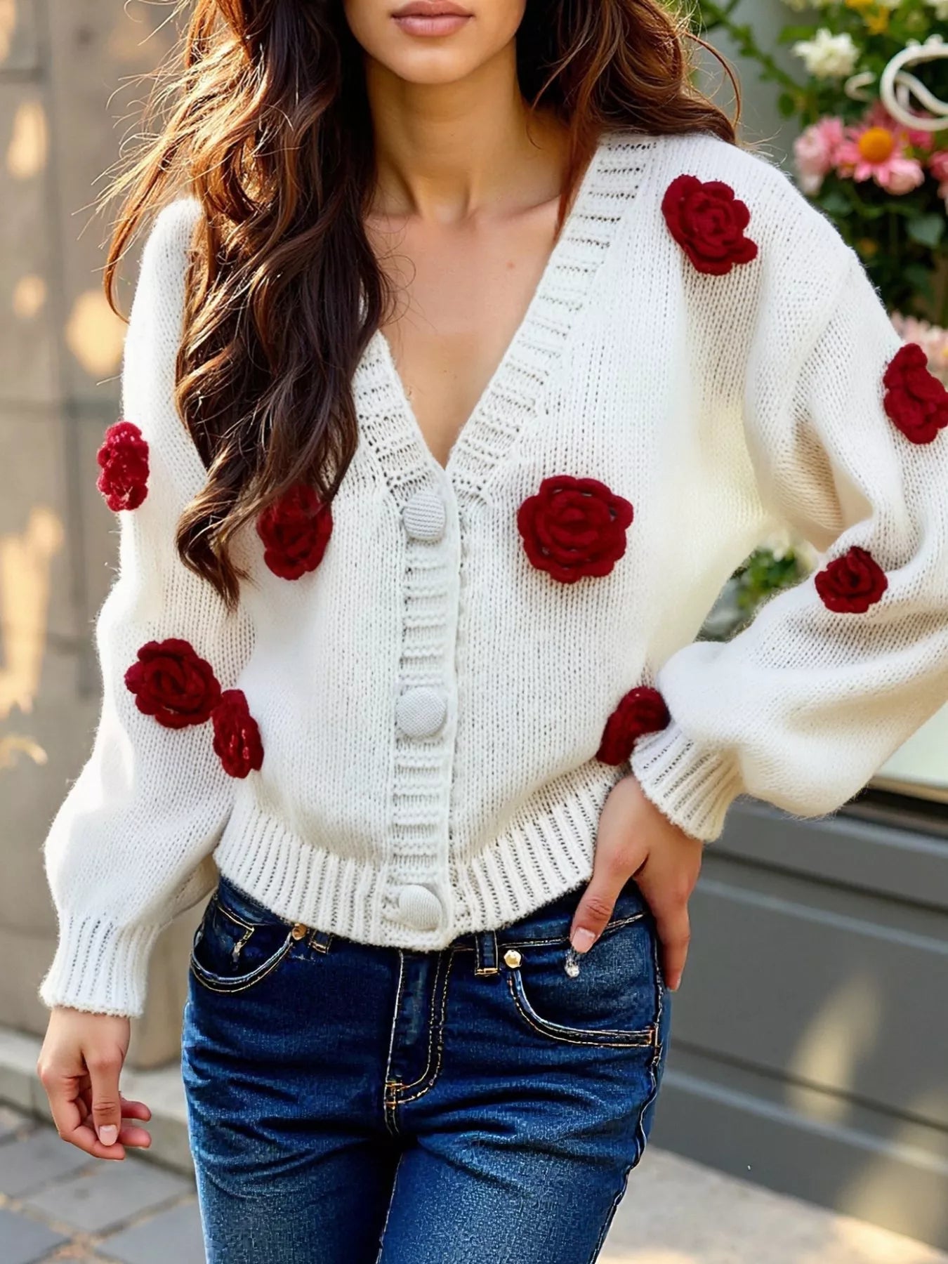 Rose Embellished V - Neck Cardigan - MAD RUFFI