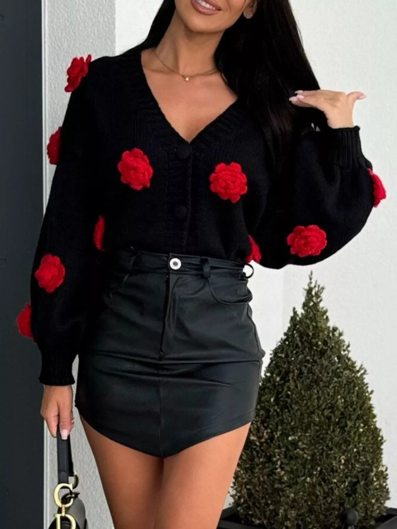 Rose Embellished V - Neck Cardigan - MAD RUFFI