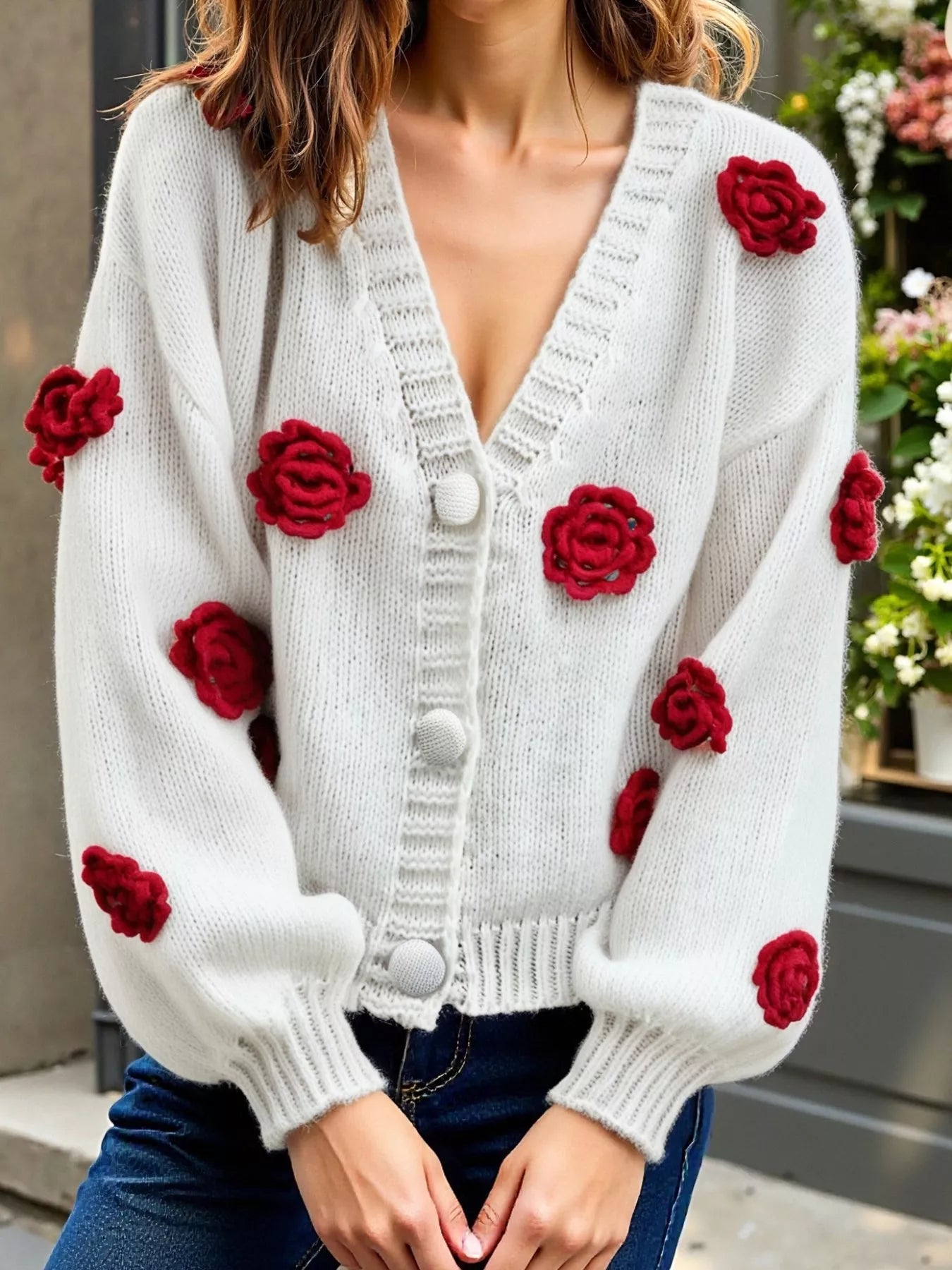 Rose Embellished V - Neck Cardigan - MAD RUFFI