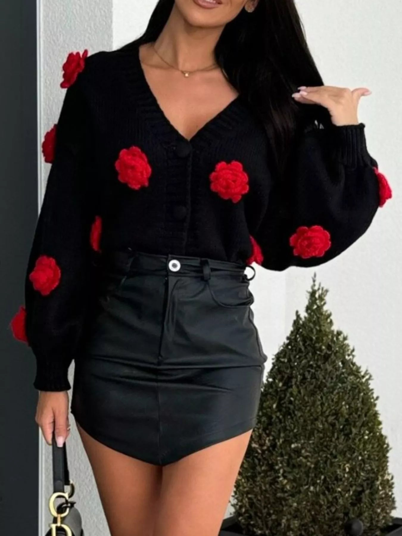 Rose Embellished V - Neck Cardigan - MAD RUFFI