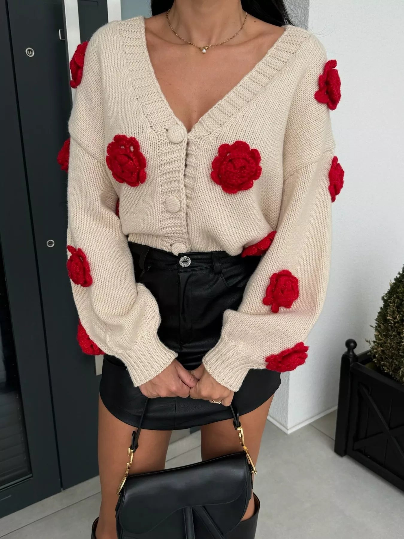 Rose Embellished V - Neck Cardigan - MAD RUFFI