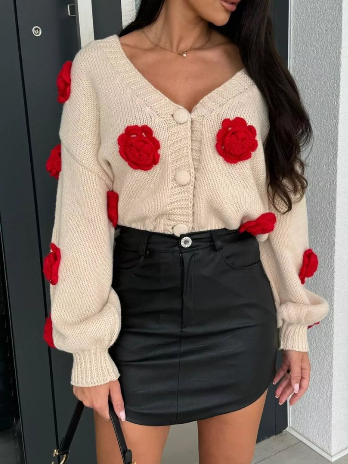 Rose Embellished V - Neck Cardigan - MAD RUFFI