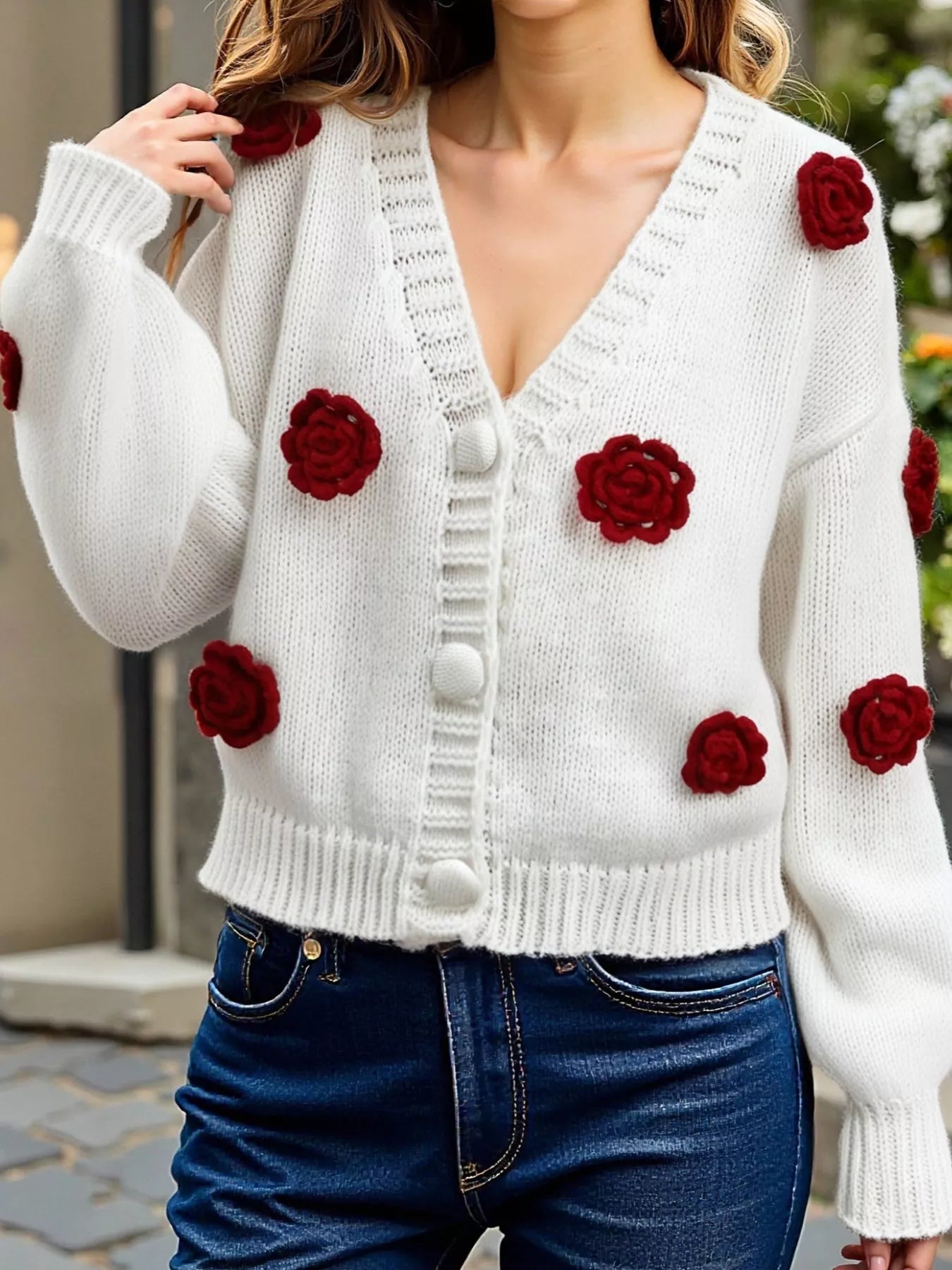 Rose Embellished V - Neck Cardigan - MAD RUFFI