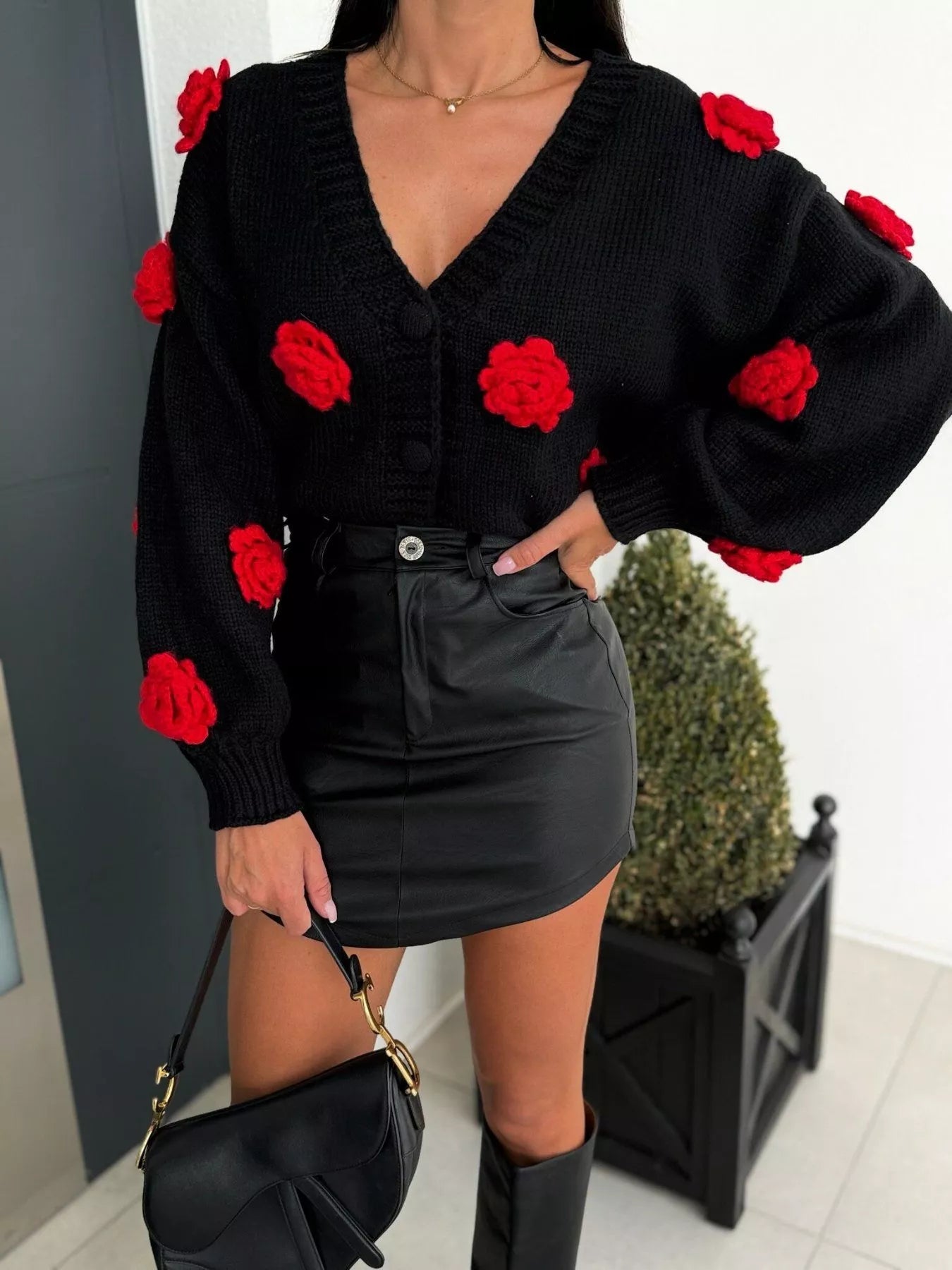 Rose Embellished V - Neck Cardigan - MAD RUFFI