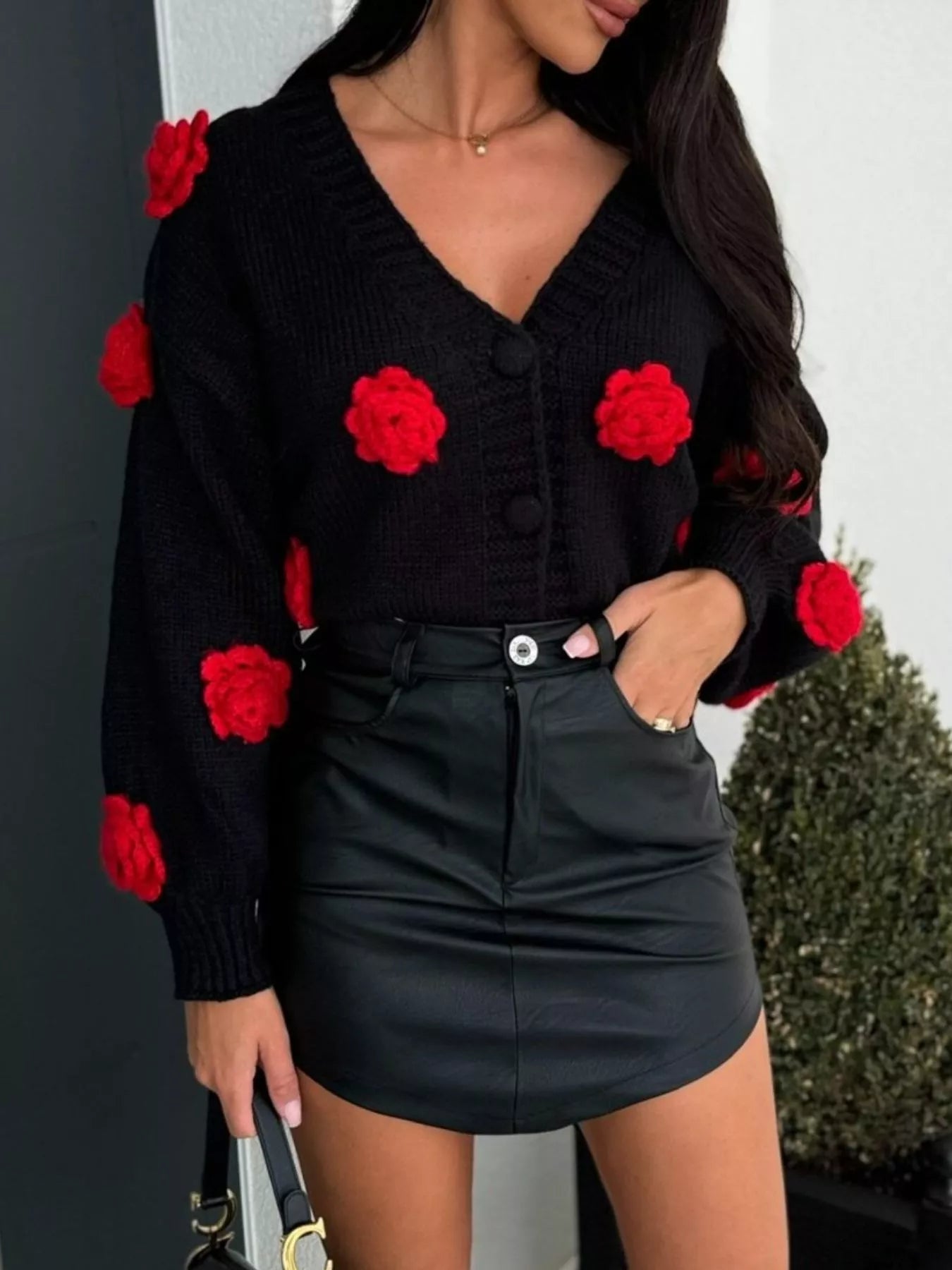 Rose Embellished V - Neck Cardigan - MAD RUFFI