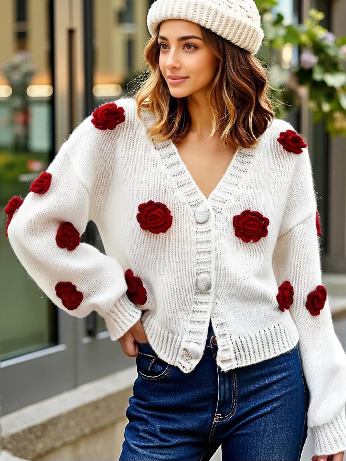 Rose Embellished V - Neck Cardigan - MAD RUFFI