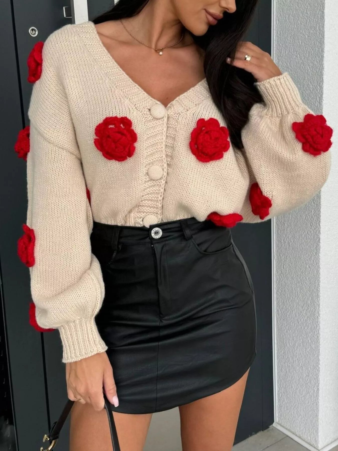 Rose Embellished V - Neck Cardigan - MAD RUFFI