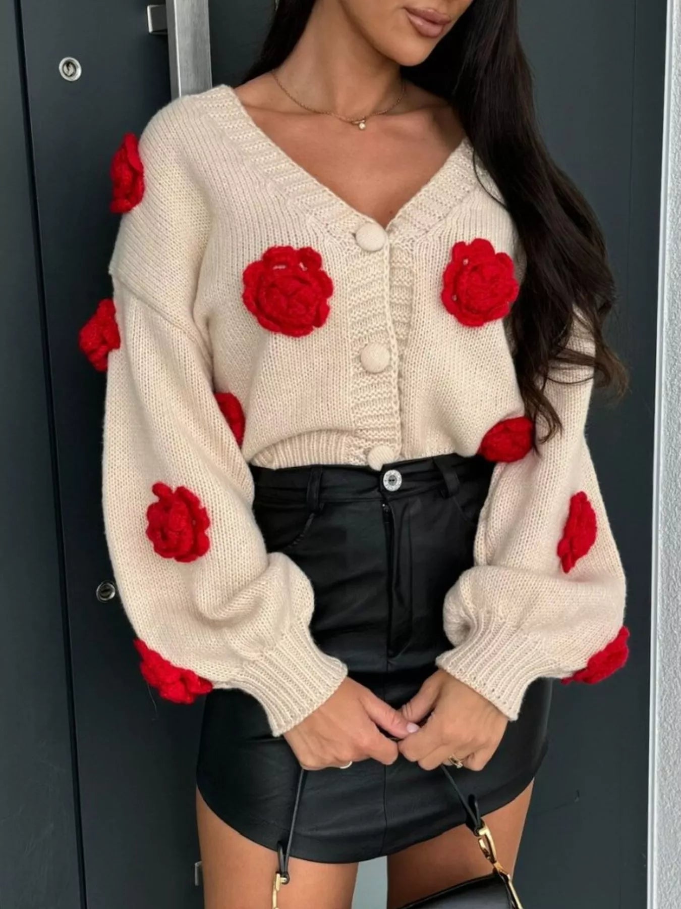 Rose Embellished V - Neck Cardigan - MAD RUFFI