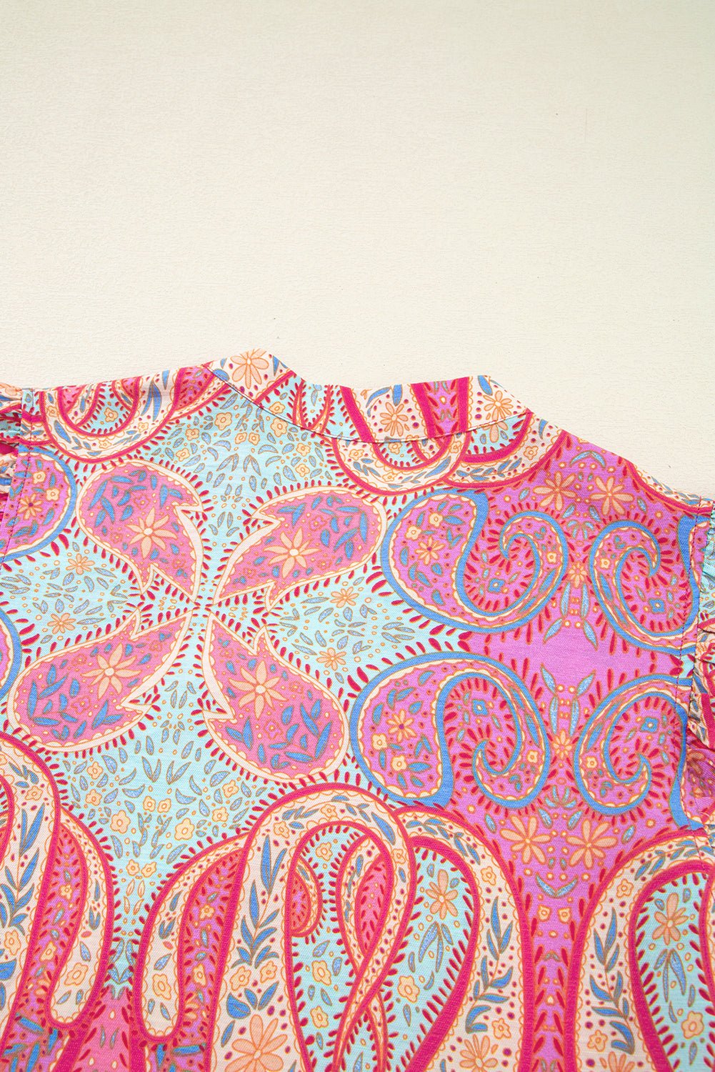 Rose Ethnic Paisley Print Ruffle Sleeve Notch Neck Midi Dress - MAD RUFFI