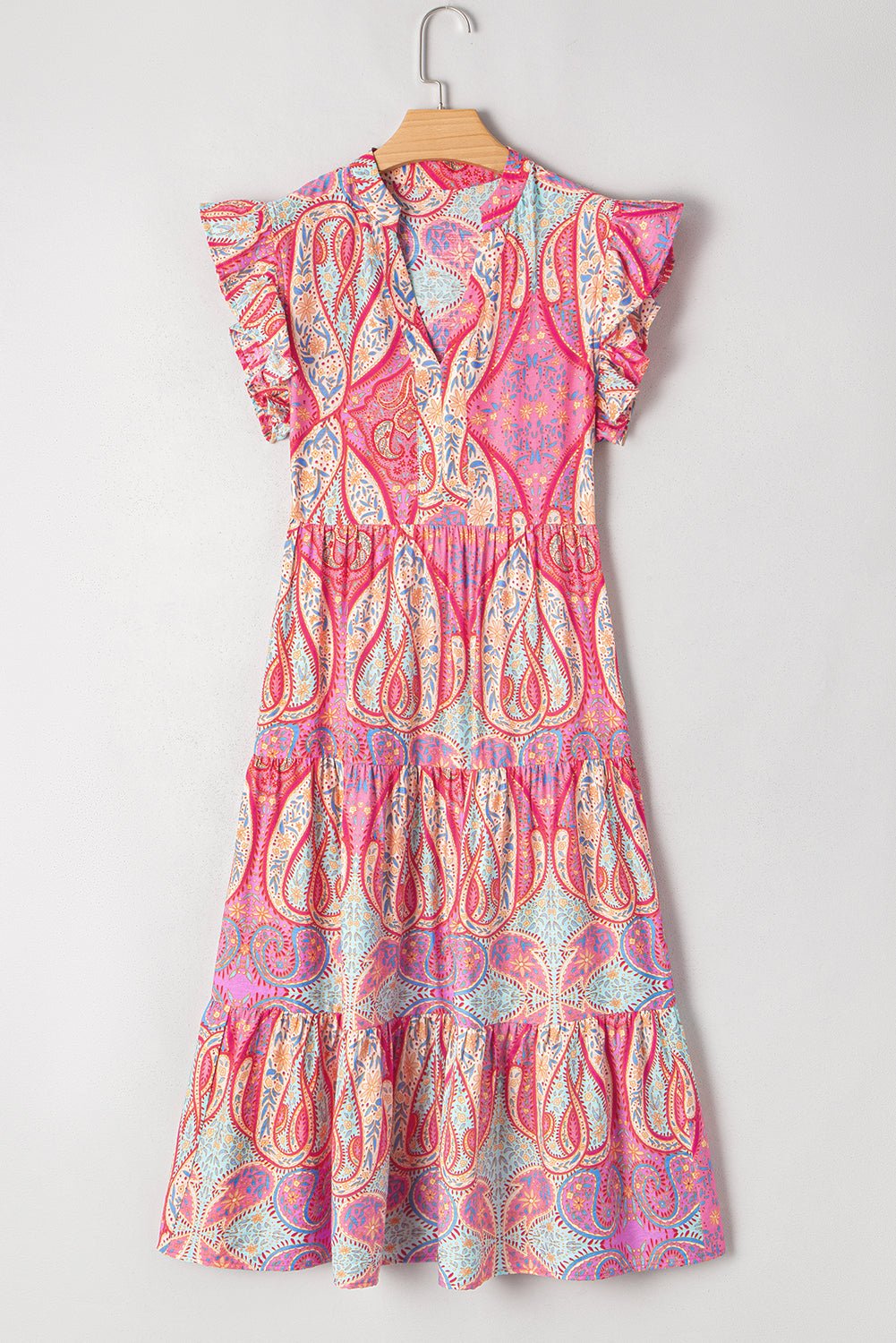 Rose Ethnic Paisley Print Ruffle Sleeve Notch Neck Midi Dress - MAD RUFFI