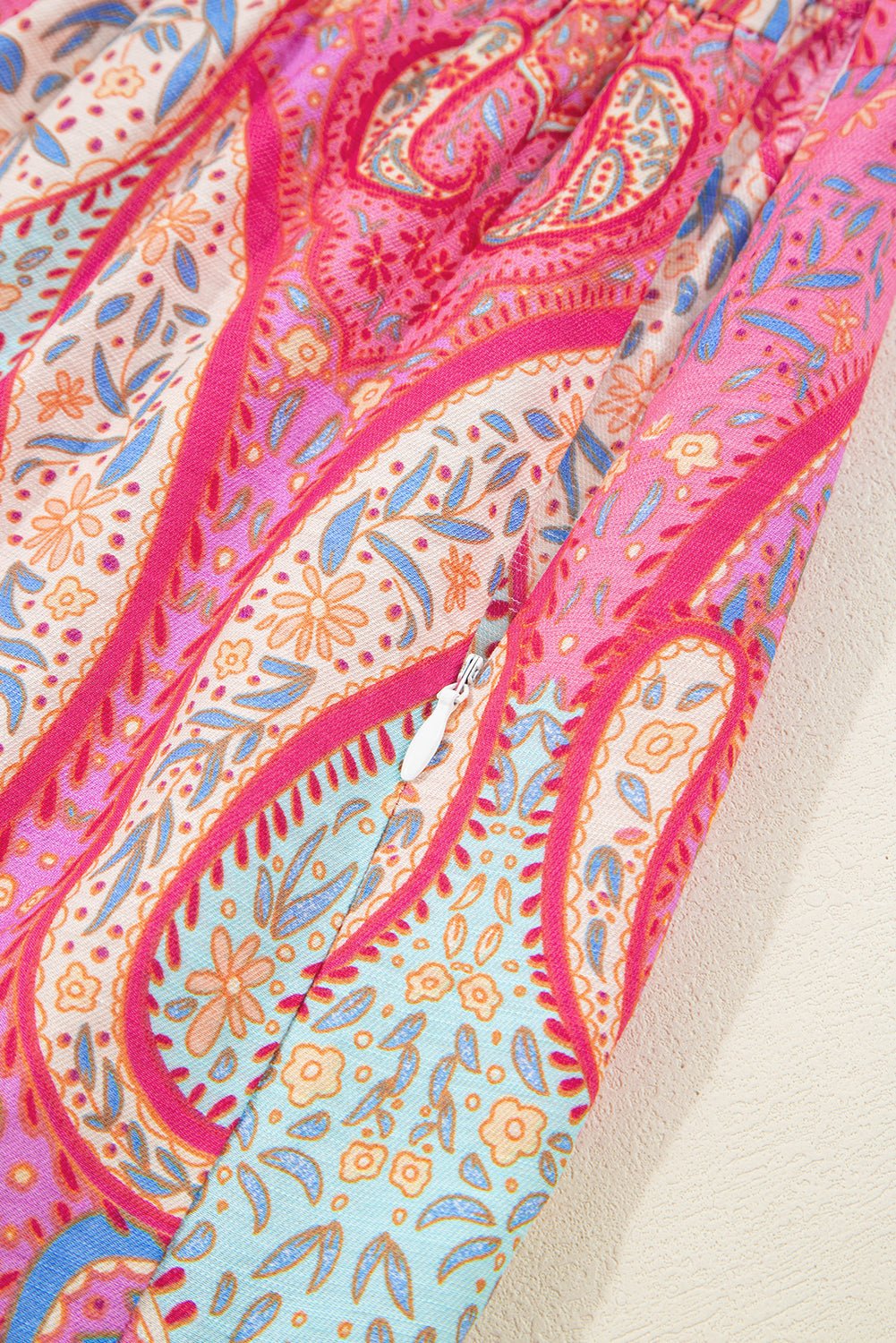 Rose Ethnic Paisley Print Ruffle Sleeve Notch Neck Midi Dress - MAD RUFFI