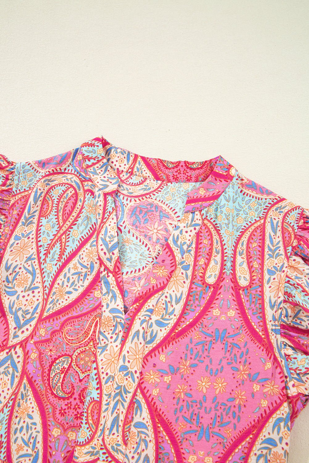 Rose Ethnic Paisley Print Ruffle Sleeve Notch Neck Midi Dress - MAD RUFFI