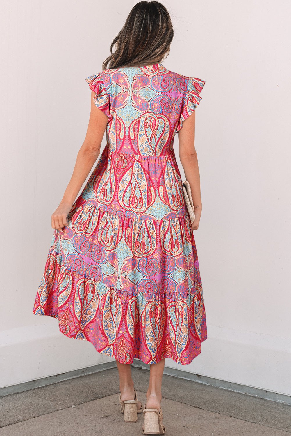 Rose Ethnic Paisley Print Ruffle Sleeve Notch Neck Midi Dress - MAD RUFFI