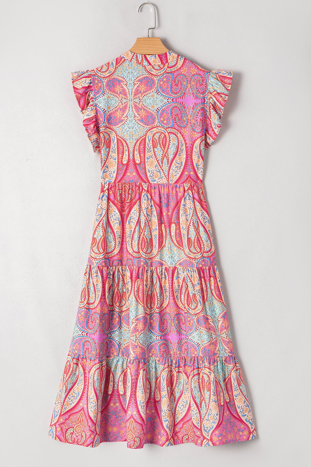 Rose Ethnic Paisley Print Ruffle Sleeve Notch Neck Midi Dress - MAD RUFFI