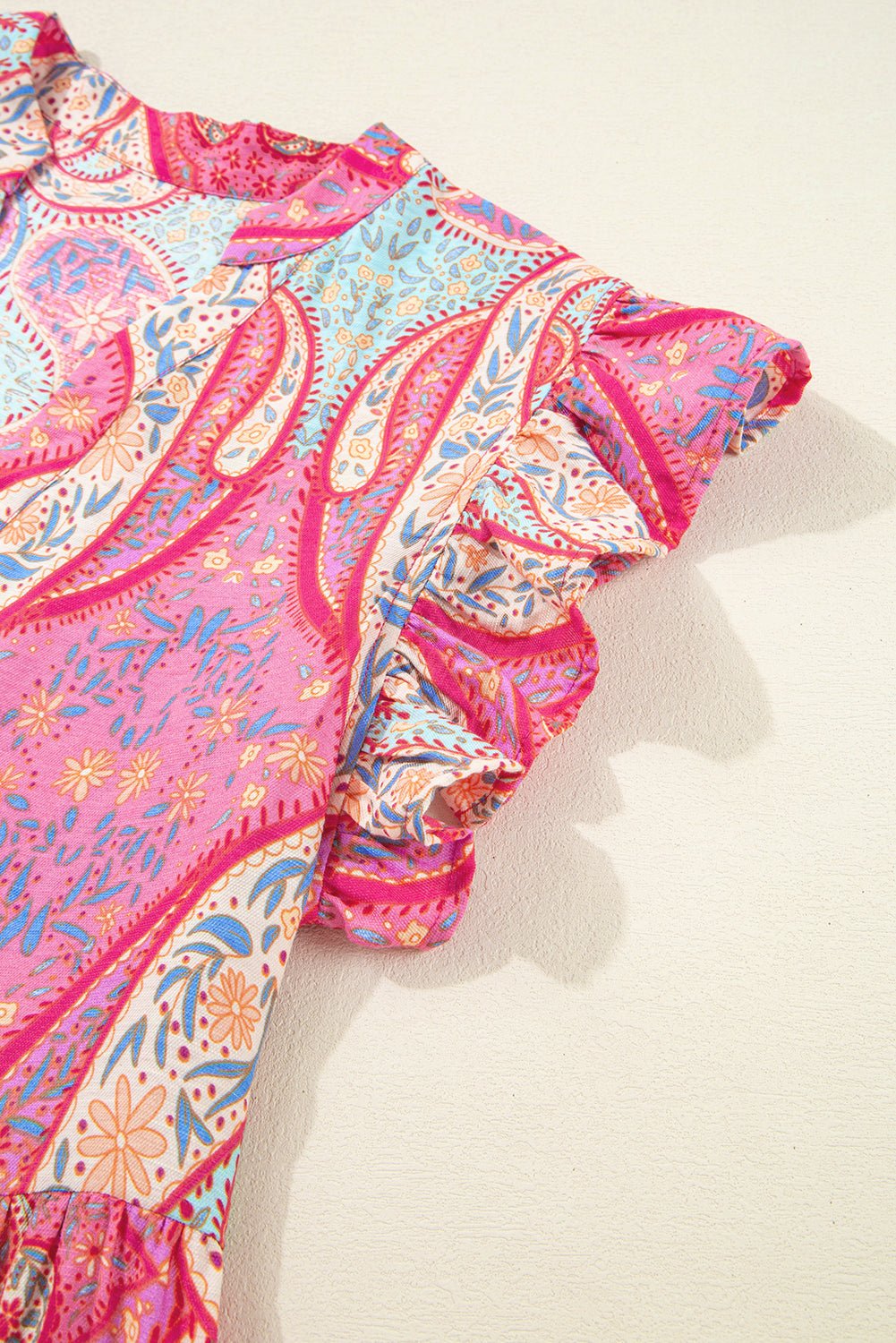 Rose Ethnic Paisley Print Ruffle Sleeve Notch Neck Midi Dress - MAD RUFFI