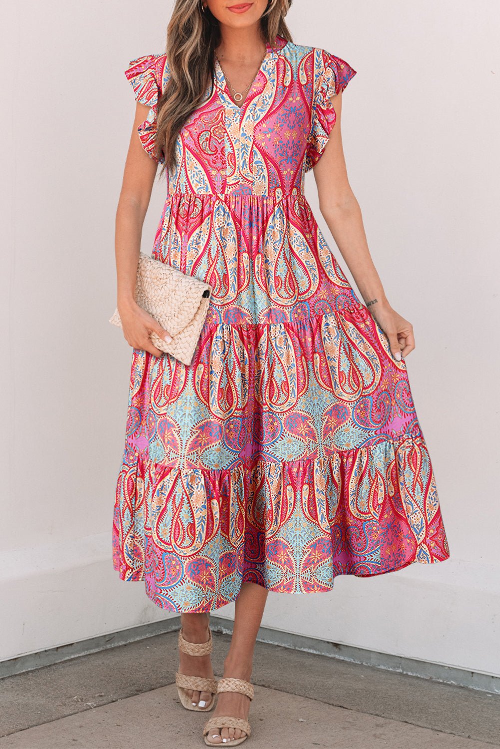 Rose Ethnic Paisley Print Ruffle Sleeve Notch Neck Midi Dress - MAD RUFFI