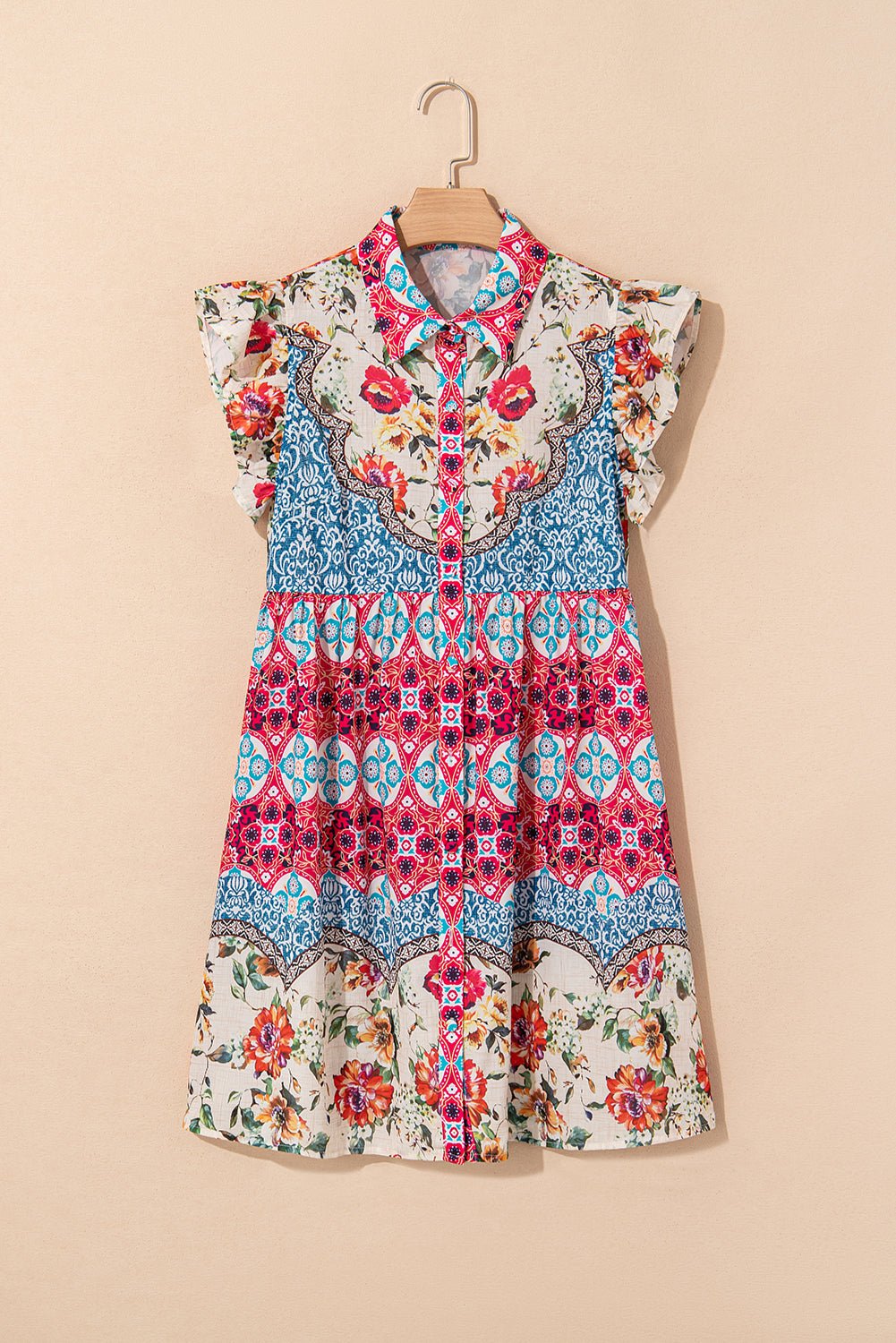 Rose Floral Ethnic Print Ruffle Mini Dress - MAD RUFFI